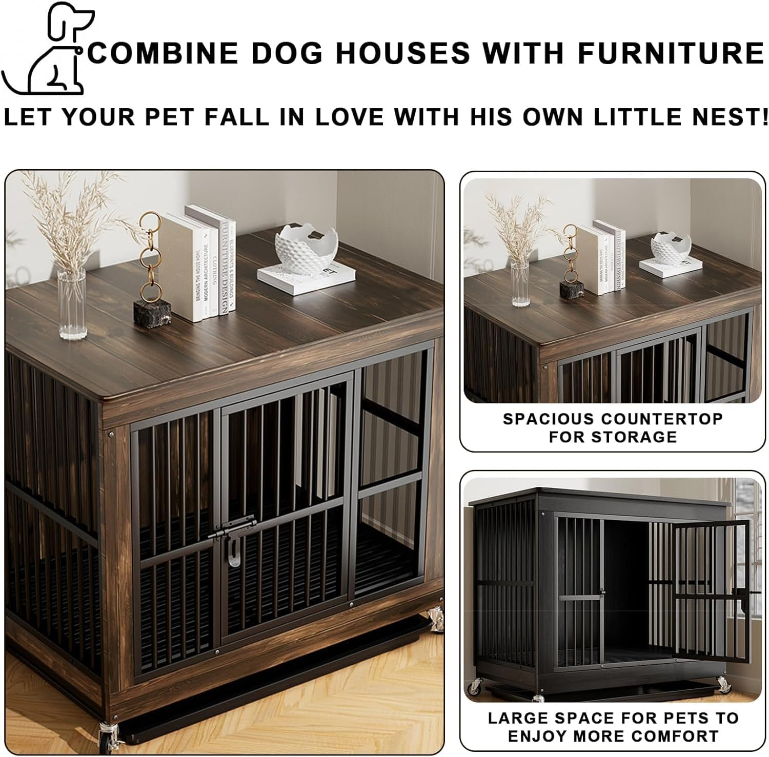 Heavy Duty Dog Crate Furniture, Dog Kennel with Locks and Trays, Chew-Proof Dog Cage for Small Medium Breeds with Wheels and Built-In Top Storage Function, for Living Rooms, Bedrooms, Farmhouses image number 6