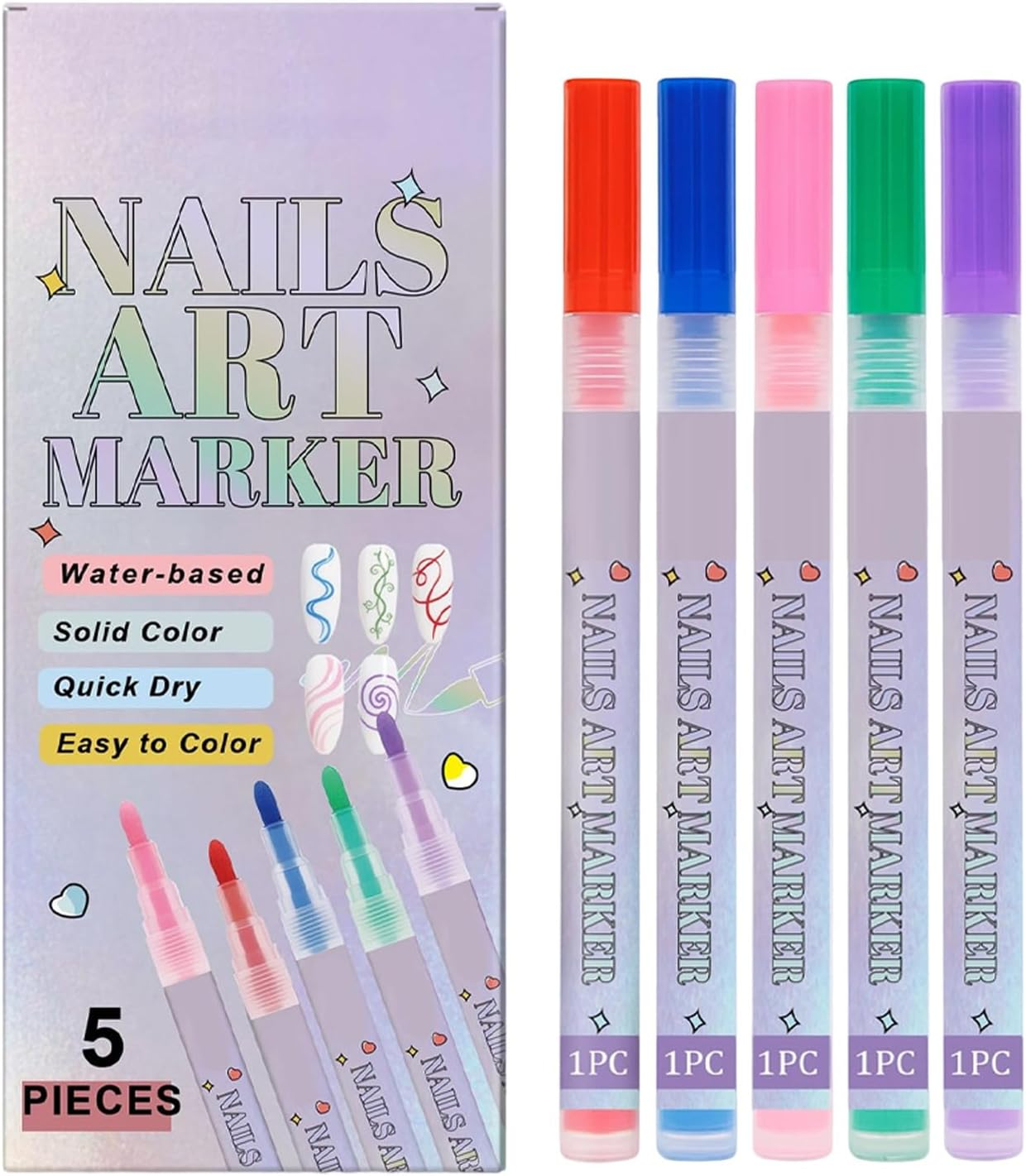 Nail Paint Pens,Point Liner Pen Drawing Painting for Nails Design - 5 Colors Quick-Drying Manicure Decoration Graffiti Doodle Markers for Indoor Home Beauty Salon Outdoor image number 3