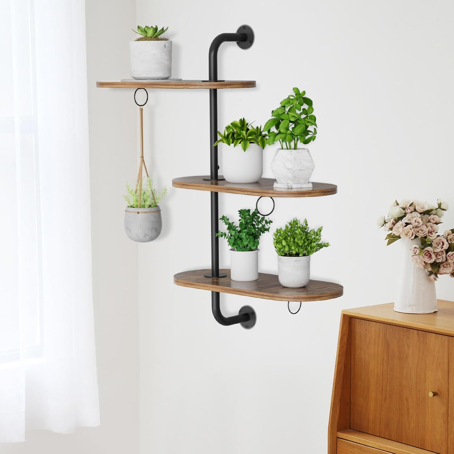 Rotating Window Plant Shelves 3 Tier, Plant Stand Indoor Outdoor Wooden Window Plant Shelf with 3 Circle Hook, 3 Anti-Slip Mats, Hanging Plant Shelf for Window, Plants, Flowerpots image number 6