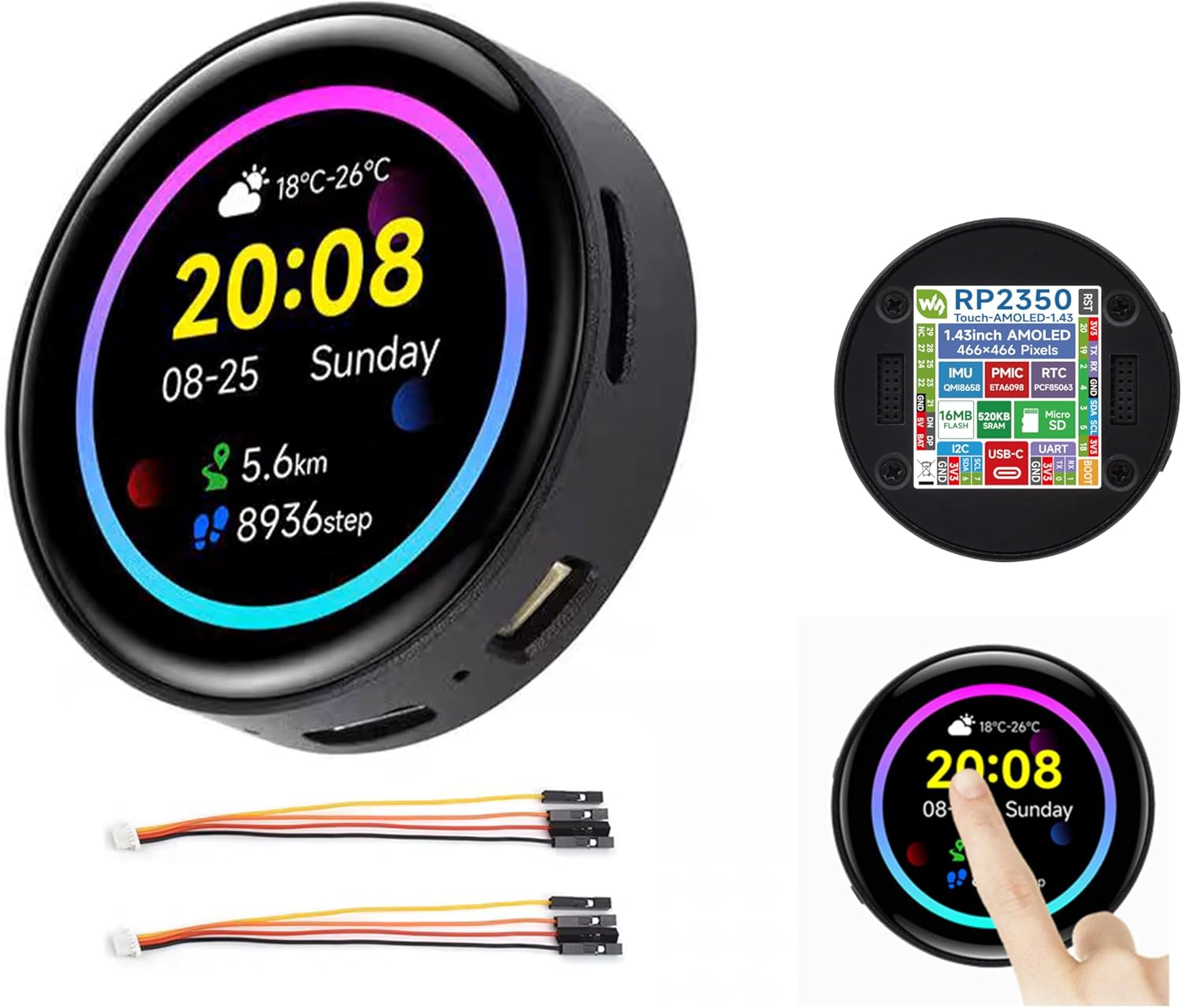 RP2350 1.43Inch AMOLED Touch Display Development Board, 466X466, SPI Interface, RP2350 Chip with AMOLED Screen Rich Interfaces, for Development of RP2350 HMI Applications, with CNC Metal Case