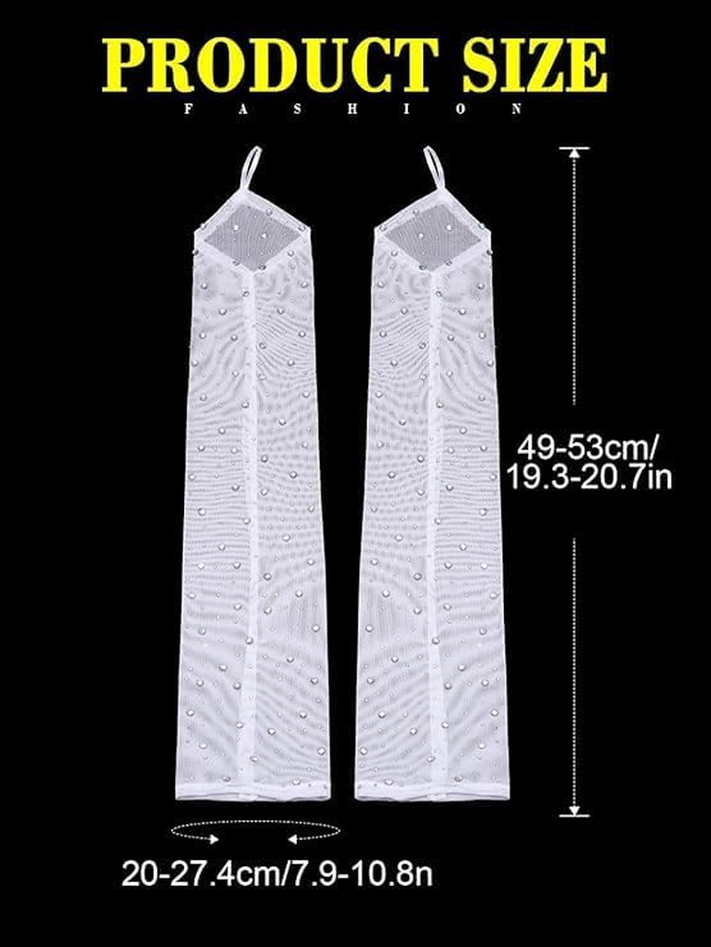 Rhinestone Long Fingerless Gloves Sparkly Tulle Sheer Gloves Mesh Event Stretch Party Accessories for Women image number 4