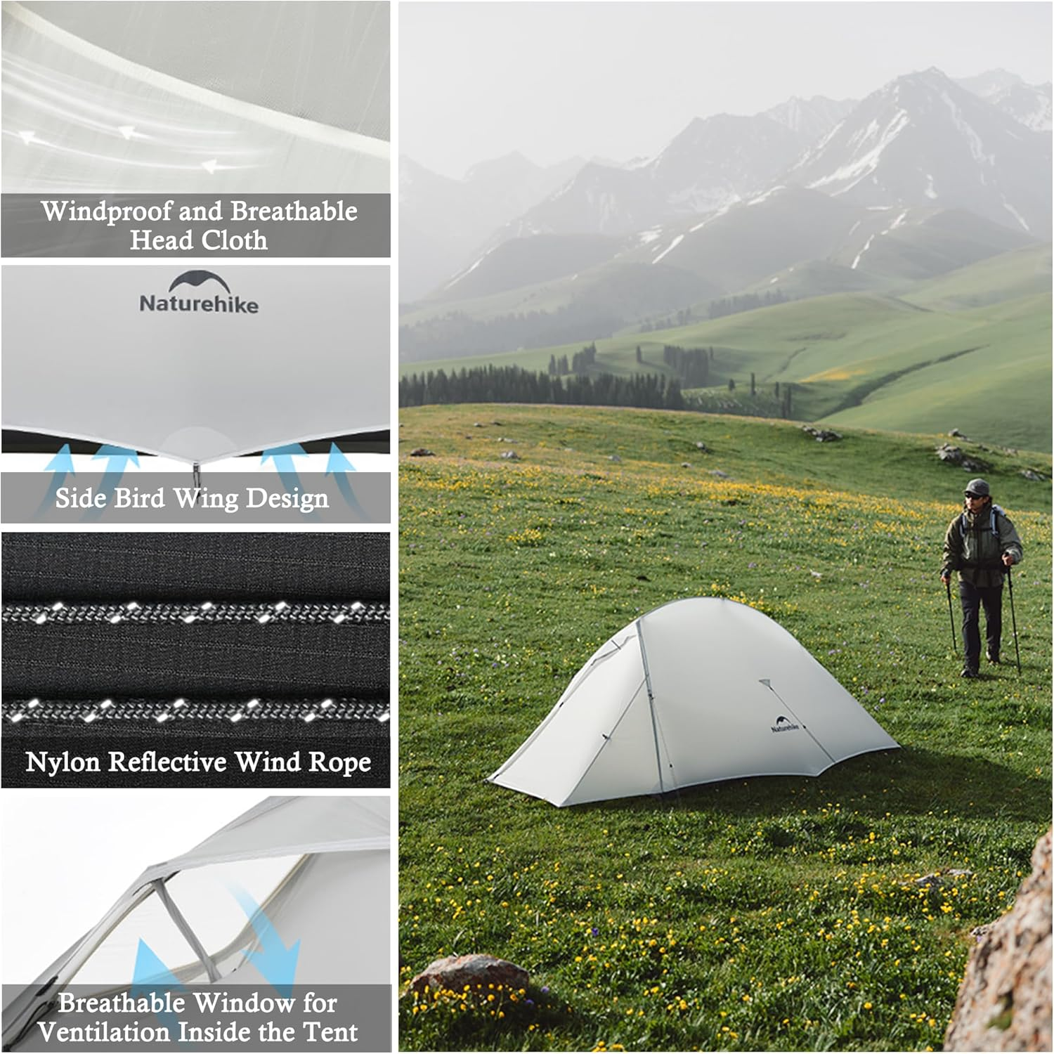 Naturehike 1-2 People Cloud up UL Tent, Rainproof Pu1500Mm & Windproof Upgrade Ultralight Tents,2.3Lbs/2.68Lbs, for Cycle Camping,Backpacking,Hiking,Self-Standing, Construction image number 6
