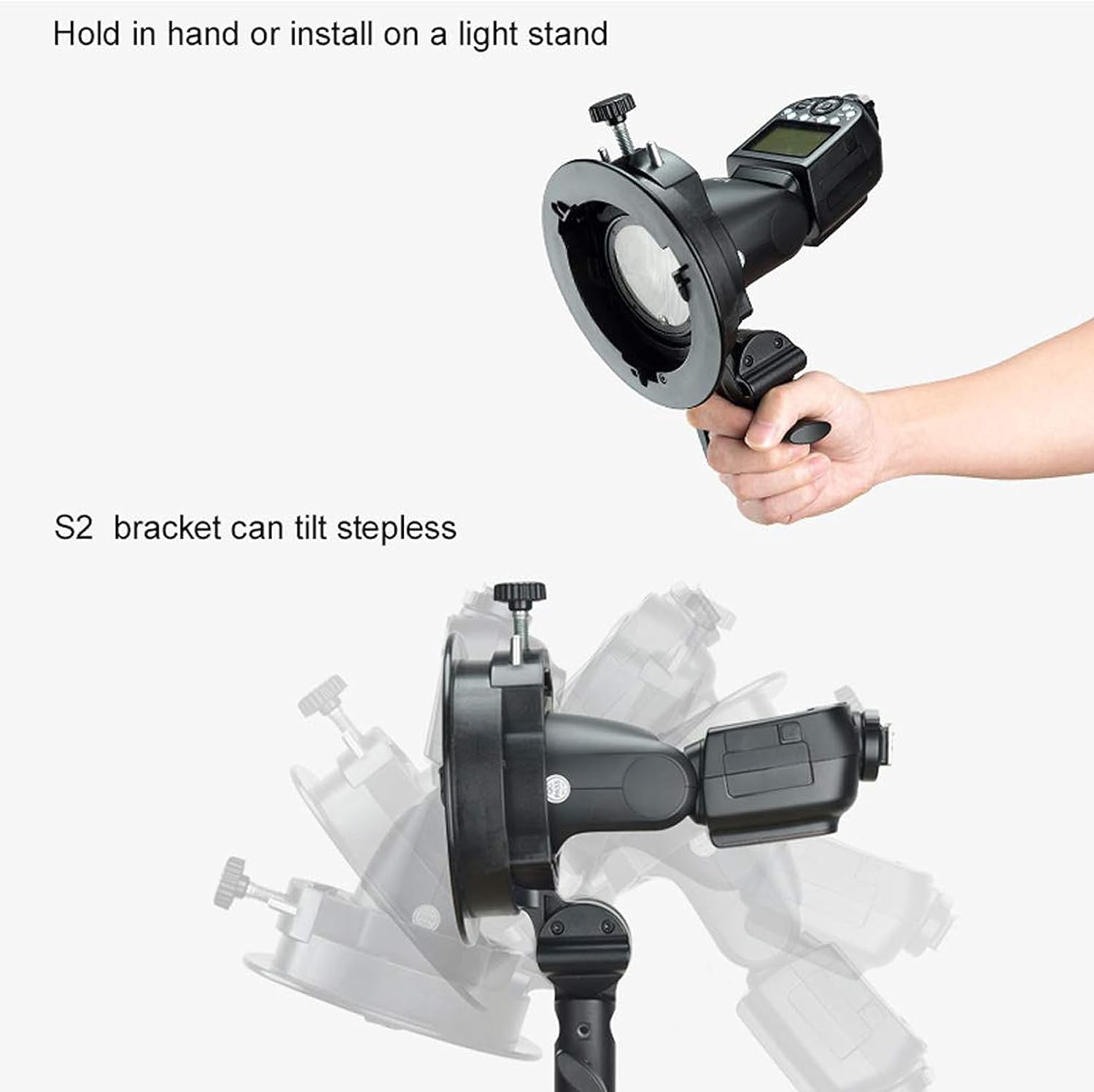 Godox S2 Flash Bracket Bowens Mount Holder for Godox Ad200Pro, AD200, Ad400Pro, V1 Series V860II Series TT685 Series TT350 Speedlite and Snoot Series, Softbox, Reflector, Diffuser
