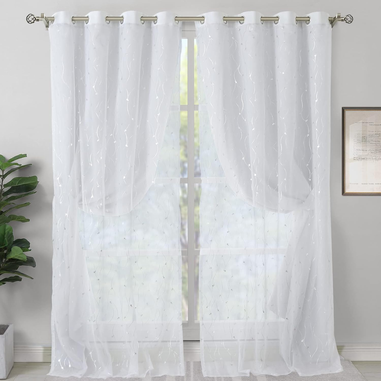 Bgment White Blackout Curtains with Sheer Overlay, Double Layer Nursery Drapes Grommet Silver Printed Thermal Insulated Panels for Bedroom/Living/Kide Room, 2 Panels Each 52 X 84 Inch, Greyish White image number 3