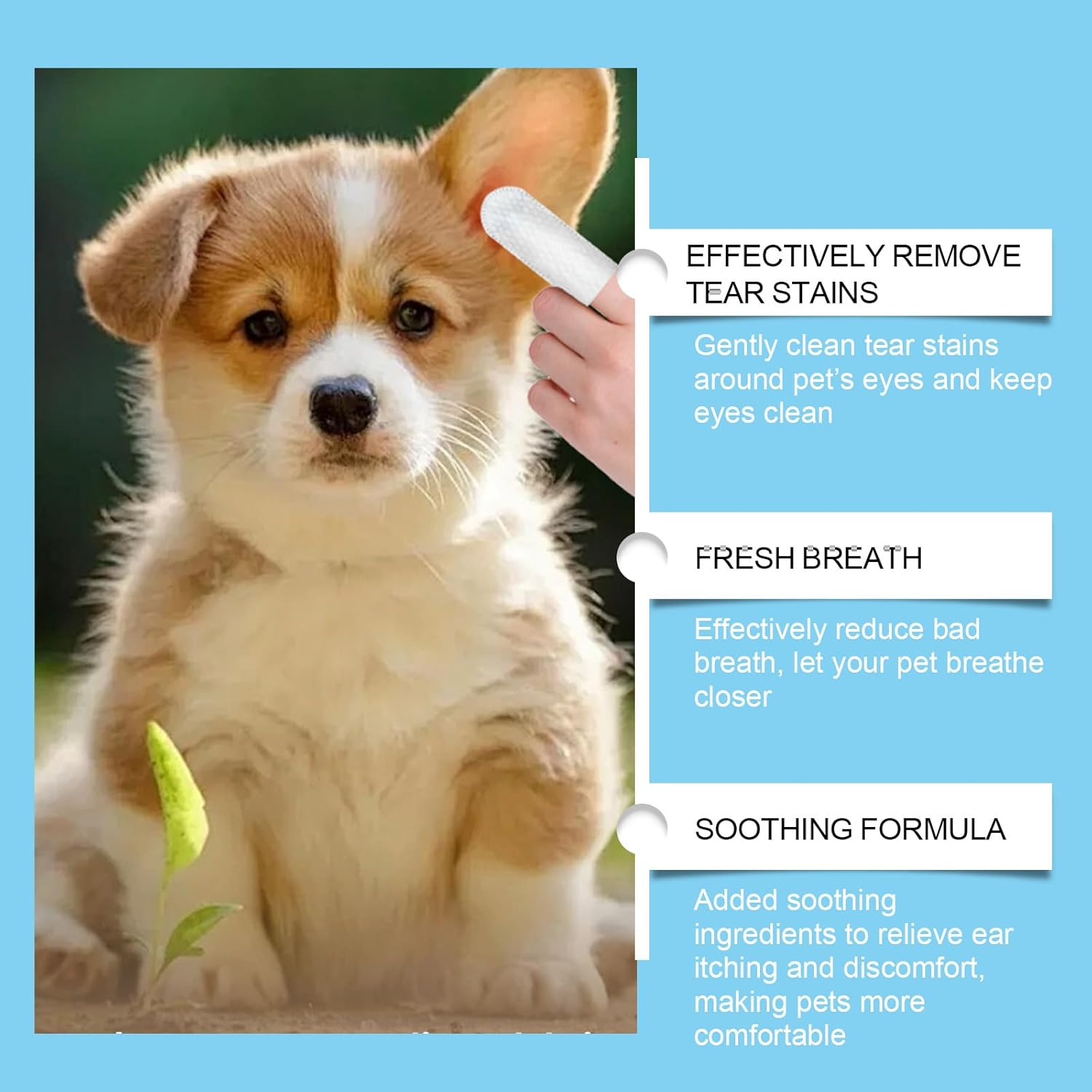 Pet Dental and Hygiene Cleaning Kit, Gentle Teeth, Ear and Eye Care Wipes with Finger Design, Long-Lasting Formula