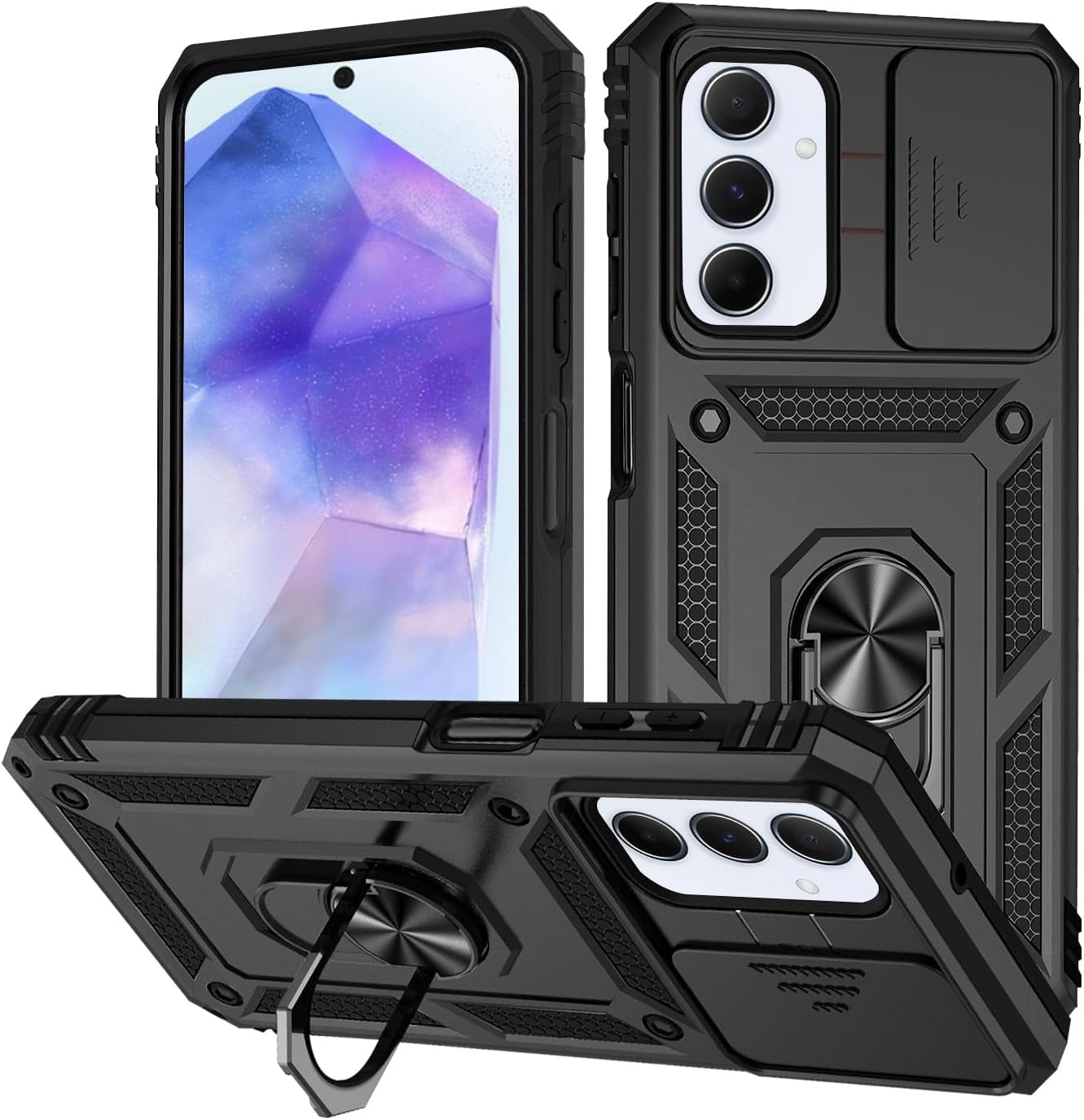 T Tersely Shockproof Case Cover for Samsung Galaxy A36/A56 5G (2025), Anti-Fall Drop Protection, Built-In Slide Anti-Scratch Camera Lens Cover, Integrated 360 Degree Rotating Ring Kickstand, Black