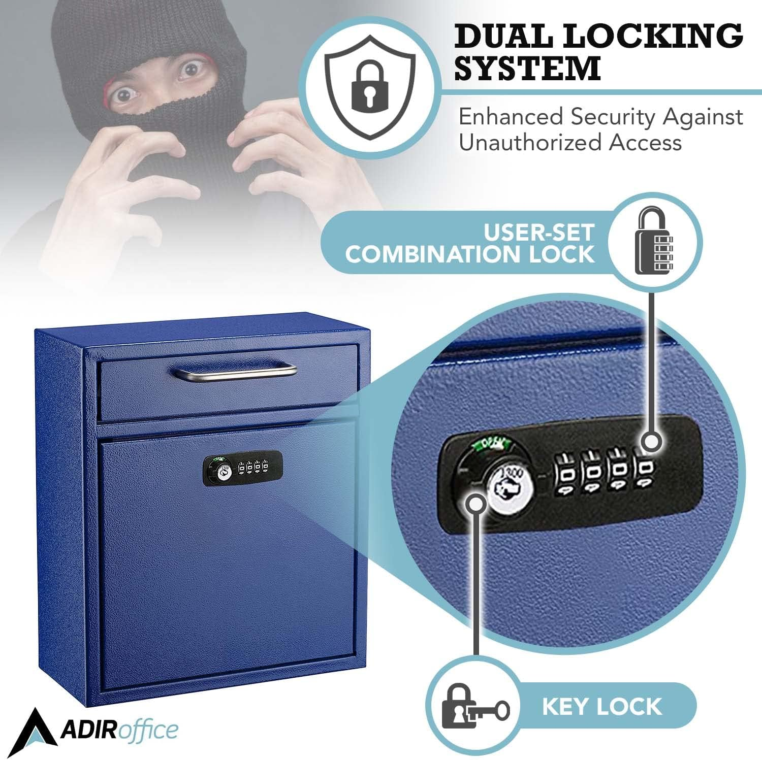 Adiroffice Ultimate Drop Box Wall-Mounted Mailbox - Hanging Secured Postbox - Durable Spacious Key or Combination Lock Box Perfect for after Hours Deposits Payments Key and Letter Drops (Medium, Blue) image number 5