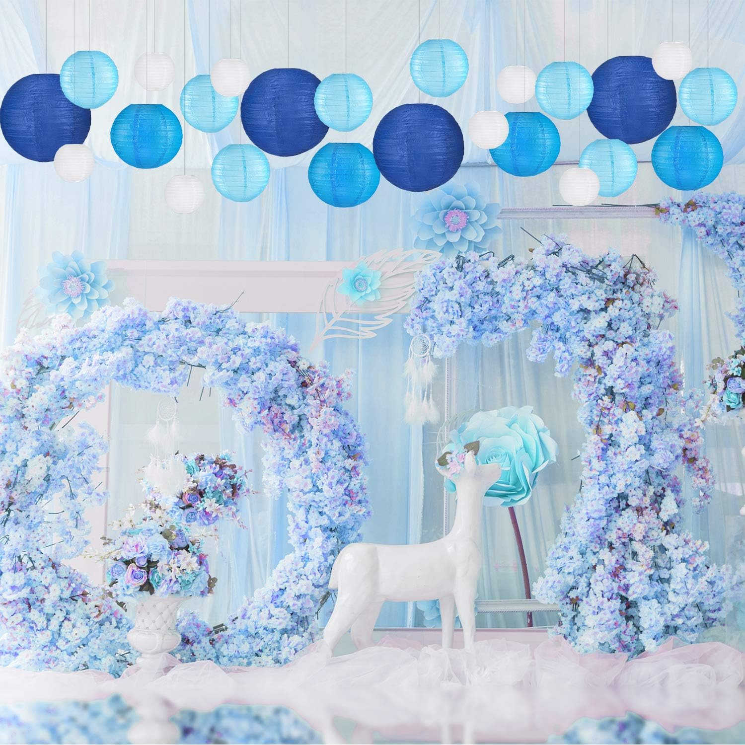12PCS Paper round Lantern for Birthday Bridal Wedding Baby Shower Festival Party Decoration - Great for Indoor or Outdoor (Blue) image number 6