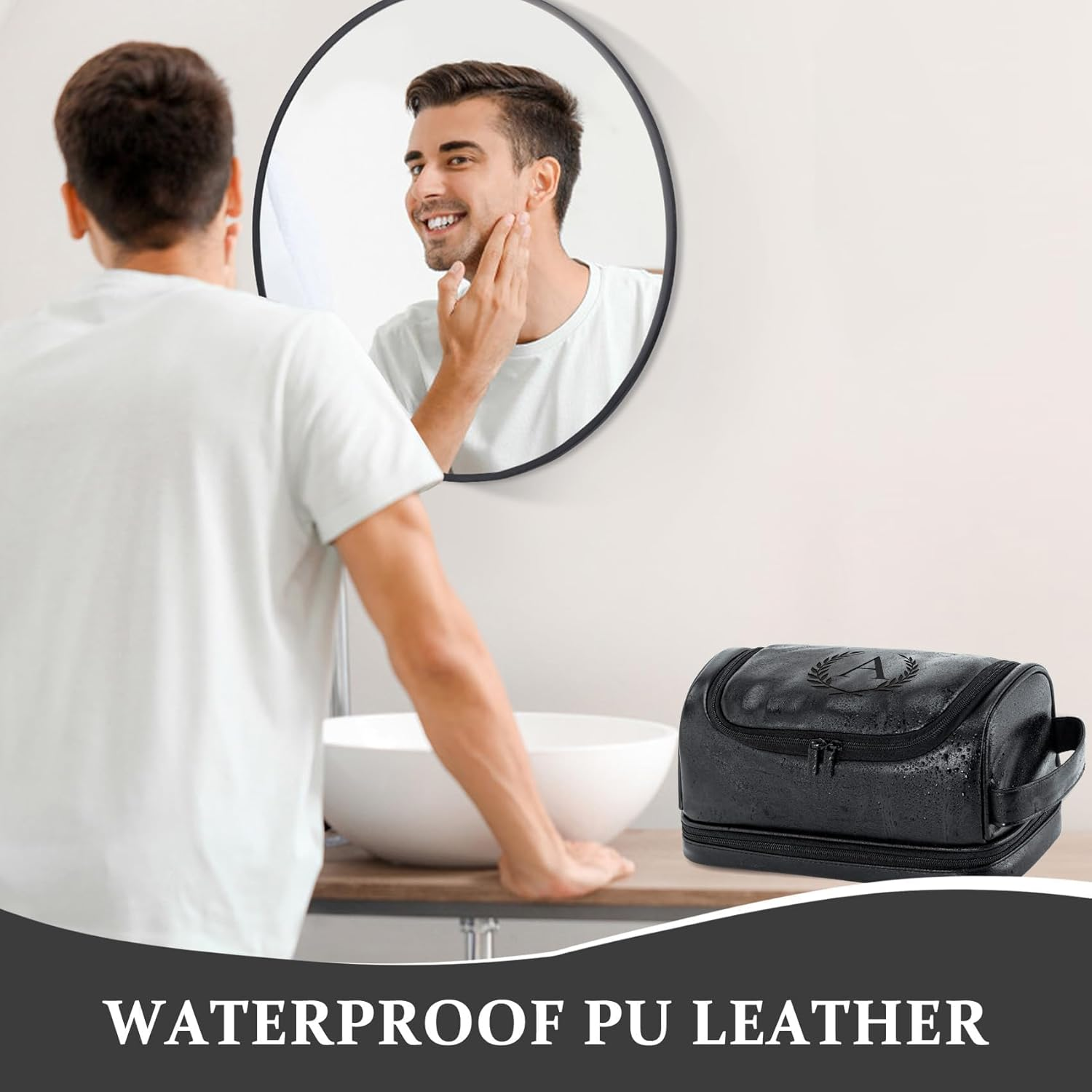 Aganmi Personalized Gifts Travel Toiletry Bag for Men Him, Laser-Engraved Initial PU Leather Waterproof Shaving Bag Christmas Birthday Gift for Men Dad Husband Boyfriend Groomsmen, Black M