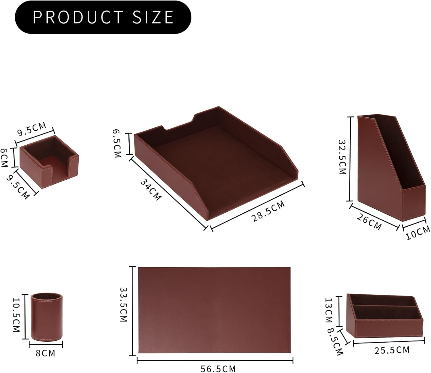 XNONE Office Supplies PU Leather 6-Piece Desk Organizer with Writing Pad, Letter Tray, File Folder Sorter, Pen Cup, Note Holder, Business Card Holder - Brown - Black image number 7