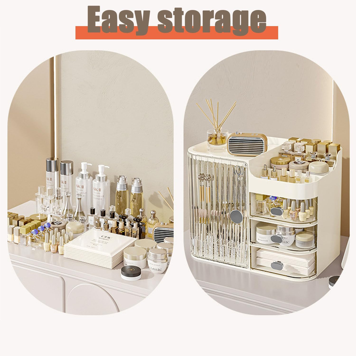 Shengsenfu Makeup Organizers for Vanity, Large Capacity Desk Organizers for Cosmetics with Drawers and Mirror, Cosmetics Display Case with Transparent Cover, Countertop Organizer for Vanity (White) image number 3