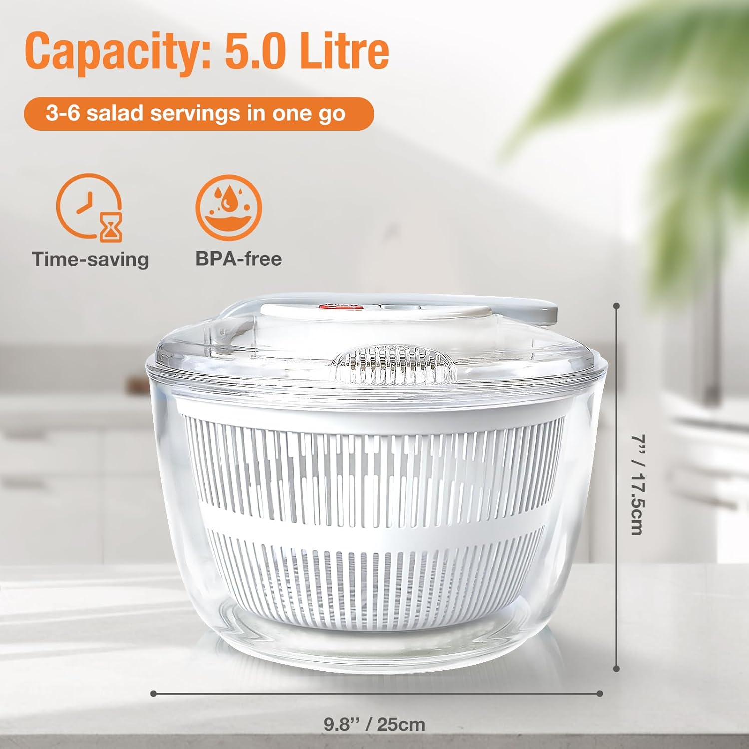 5L Salad Spinner, One-Handed Easy Press Large Lettuce Spinner Plastic Fruit and Vegetable Wash, Food Cleaner Salad Cleaner Lettuce Washer, Non-Slip Base, Large Colander Salad Dryer Bpa-Free image number 5