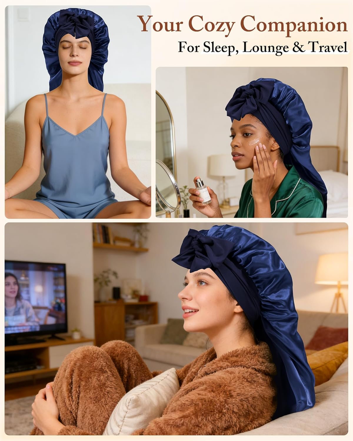 AWAYTR Long Satin Bonnet for Women - Double Layer Elastic Silk Bonnet for Braids Hair Sleeping Cap with Tie Band image number 5