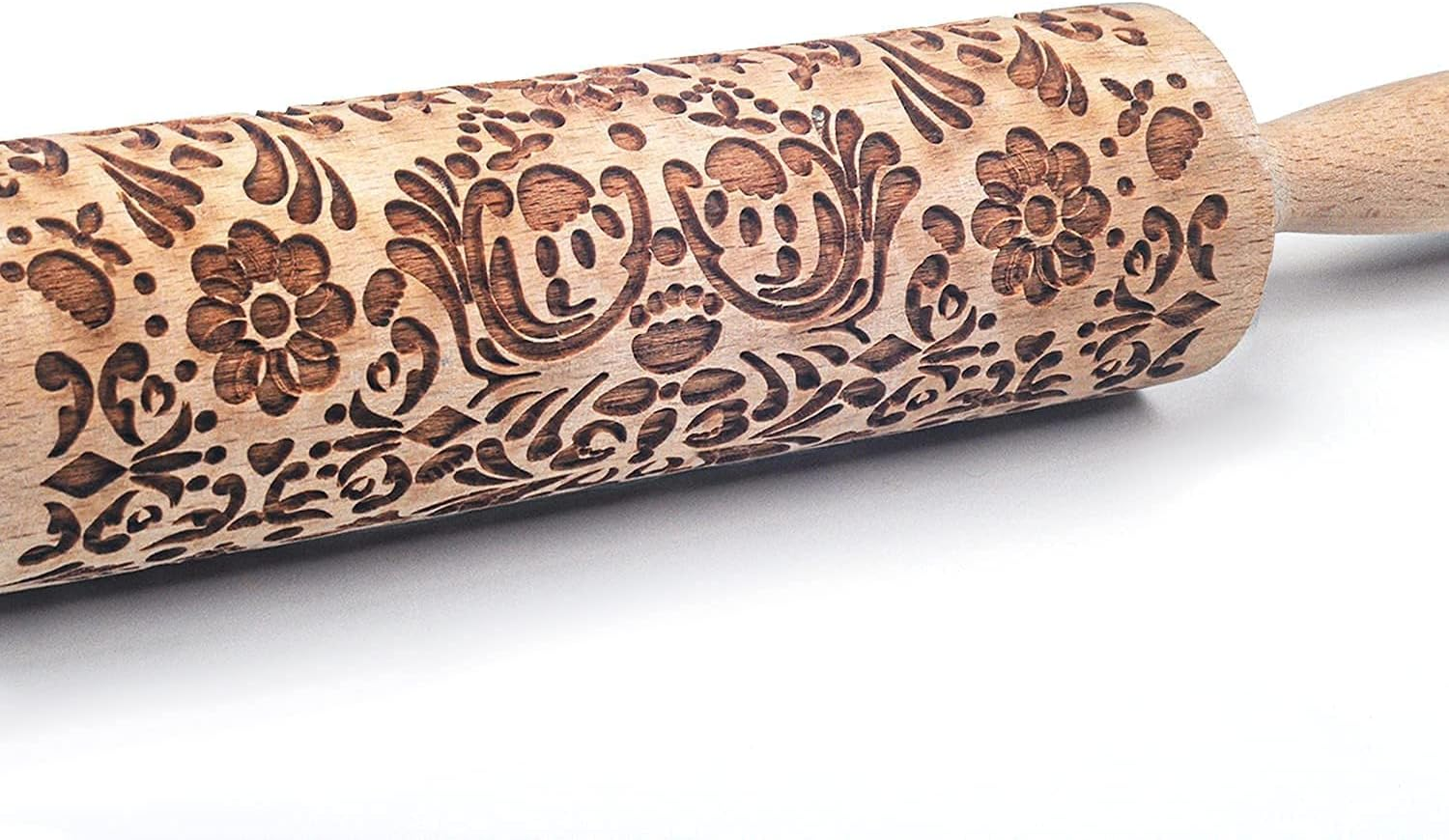 Christmas Wooden Rolling Pin for Baking Engraved Embossing Rolling Pin Cookie Stamps Roller Square Grid Cookies Mold Kitchen Decor Tools for Baking Embossed Cookies (Flower Plant) image number 3