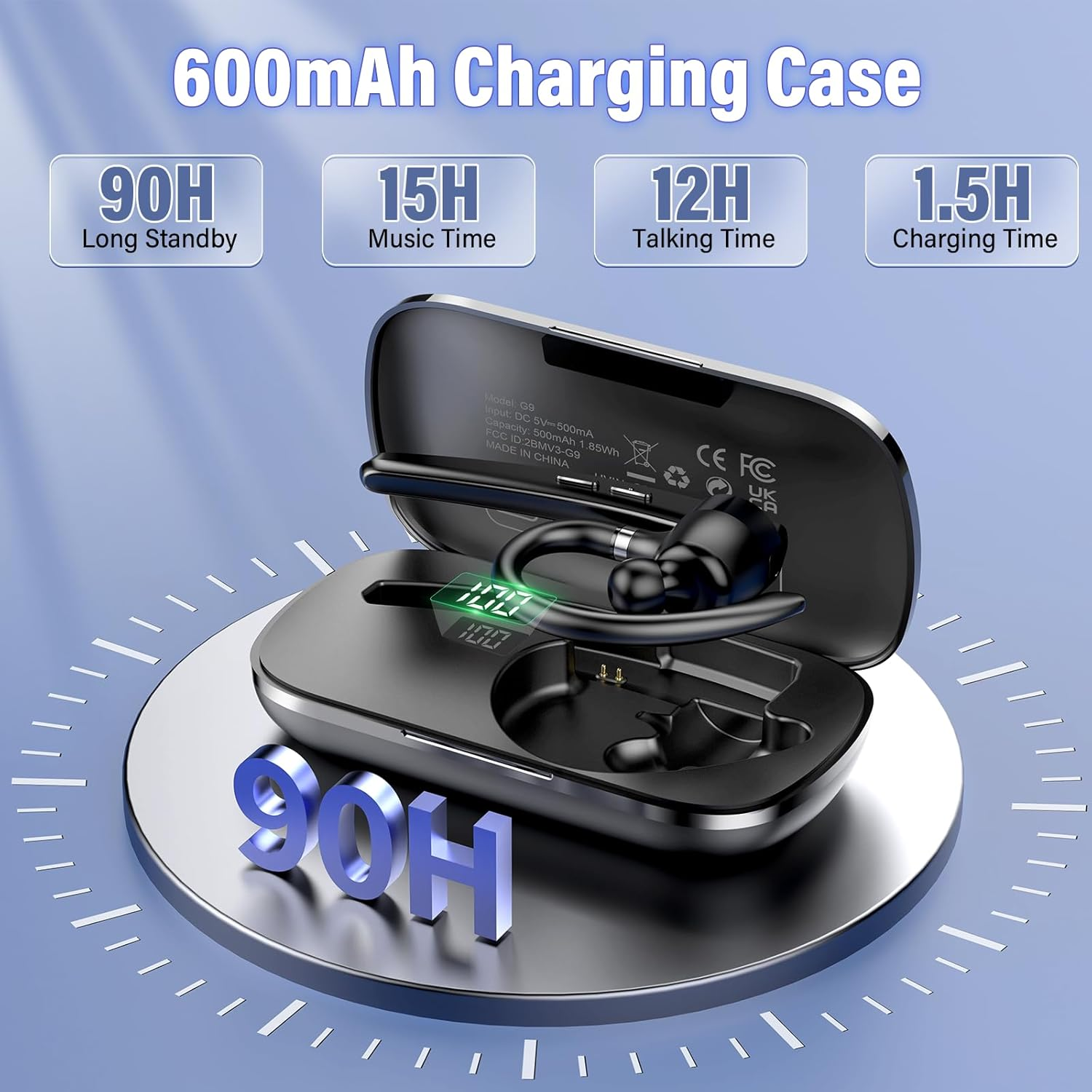 Bluetooth Headset V5.3, Wireless Hands-Free Phone with CVC 8.0/ENC Dual Mic, APTX, Mute Two Device Connection Headset Mobile Phone, 90 Hours Playtime Bluetooth Earphones with Charging Box for Business image number 6