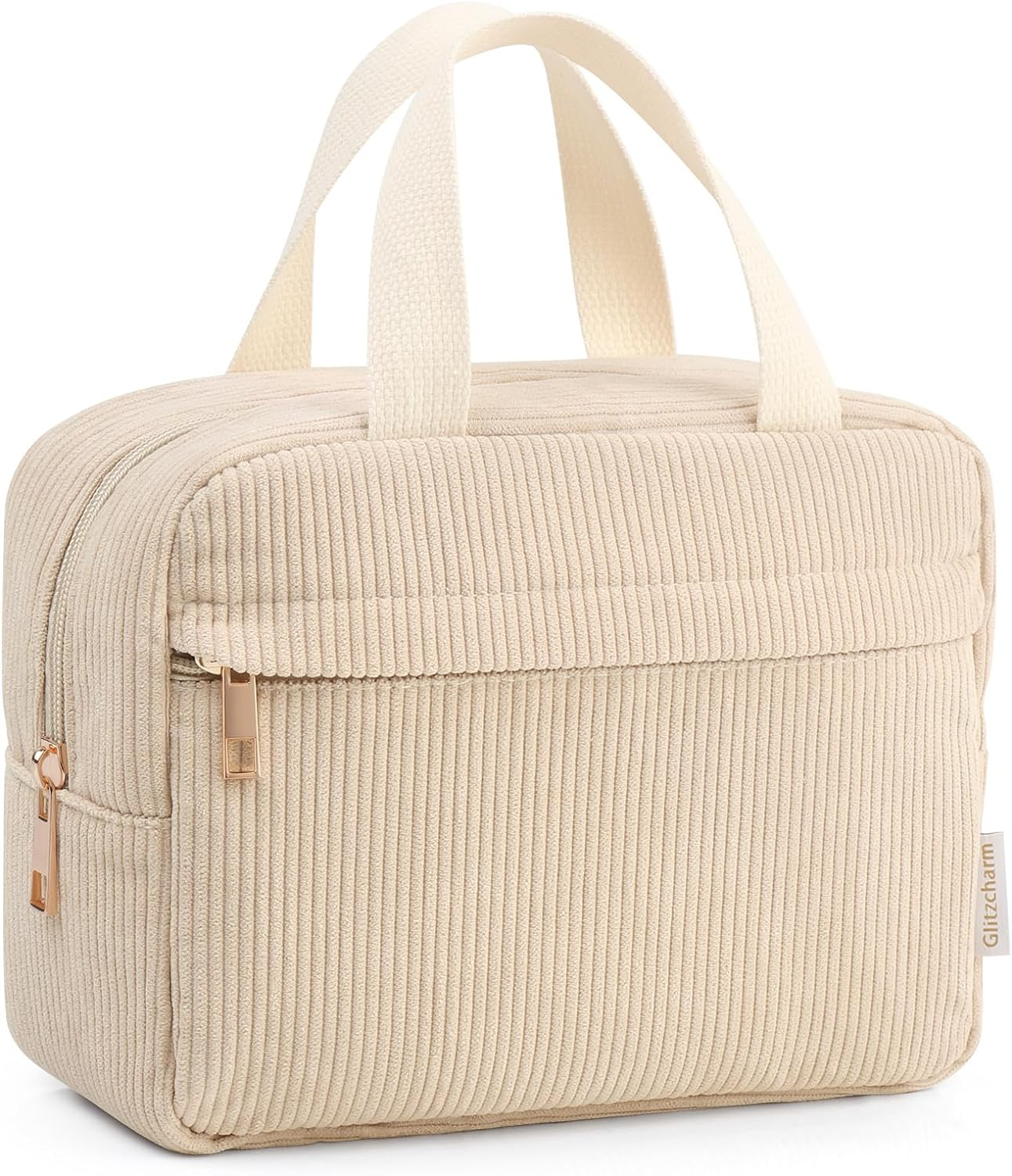 Large Capacity Travel Cosmetic Bag, Makeup Bag Corduroy Portable Large Cosmetics Bag with Handle Travel Cosmetic Bags for Women Girls(Beige) image number 4