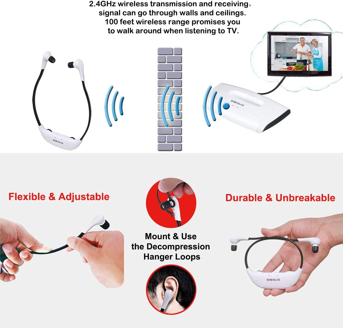 SIMOLIO Digital Wireless Headphones for TV with Optical In, TV Hearing Assistance Devices, Wireless Earbuds for Hearing Impaired TV Listening, Wireless Headset for Smart TV, TV Sound Amplifier SM-823D Pro image number 1