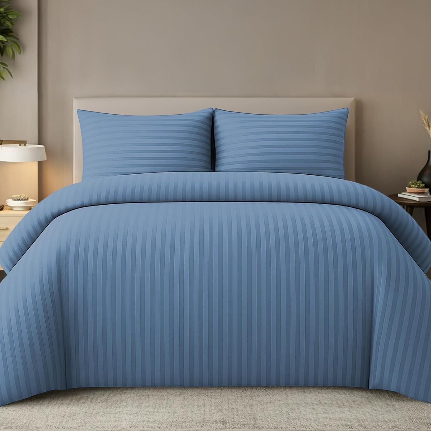 Pamposh Satin Stripe Double Duvet Set - Premium Hotel Quality Quilt Cover Bedding Sets - Hypoallergenic Ultra Soft Microfiber Bed Linen