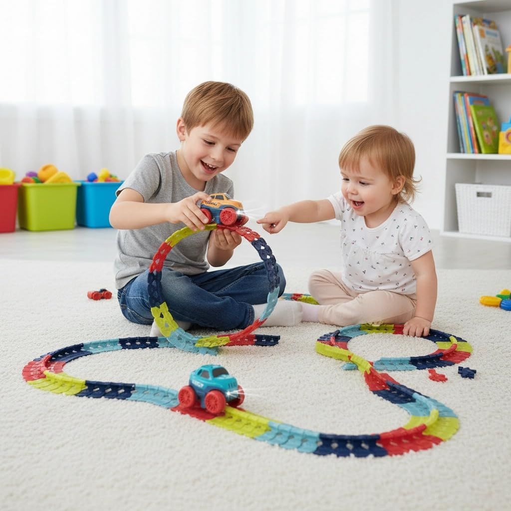 Zero Gravity Car Track Set Race Track Toys for Boys Kids LED Light-Up Race Car,Flexible Changeable Magic Race Car Track Toys for 3 4 5 6 7 8+Year Old Boys Girls as Best Birthday Gift (195 PCS)