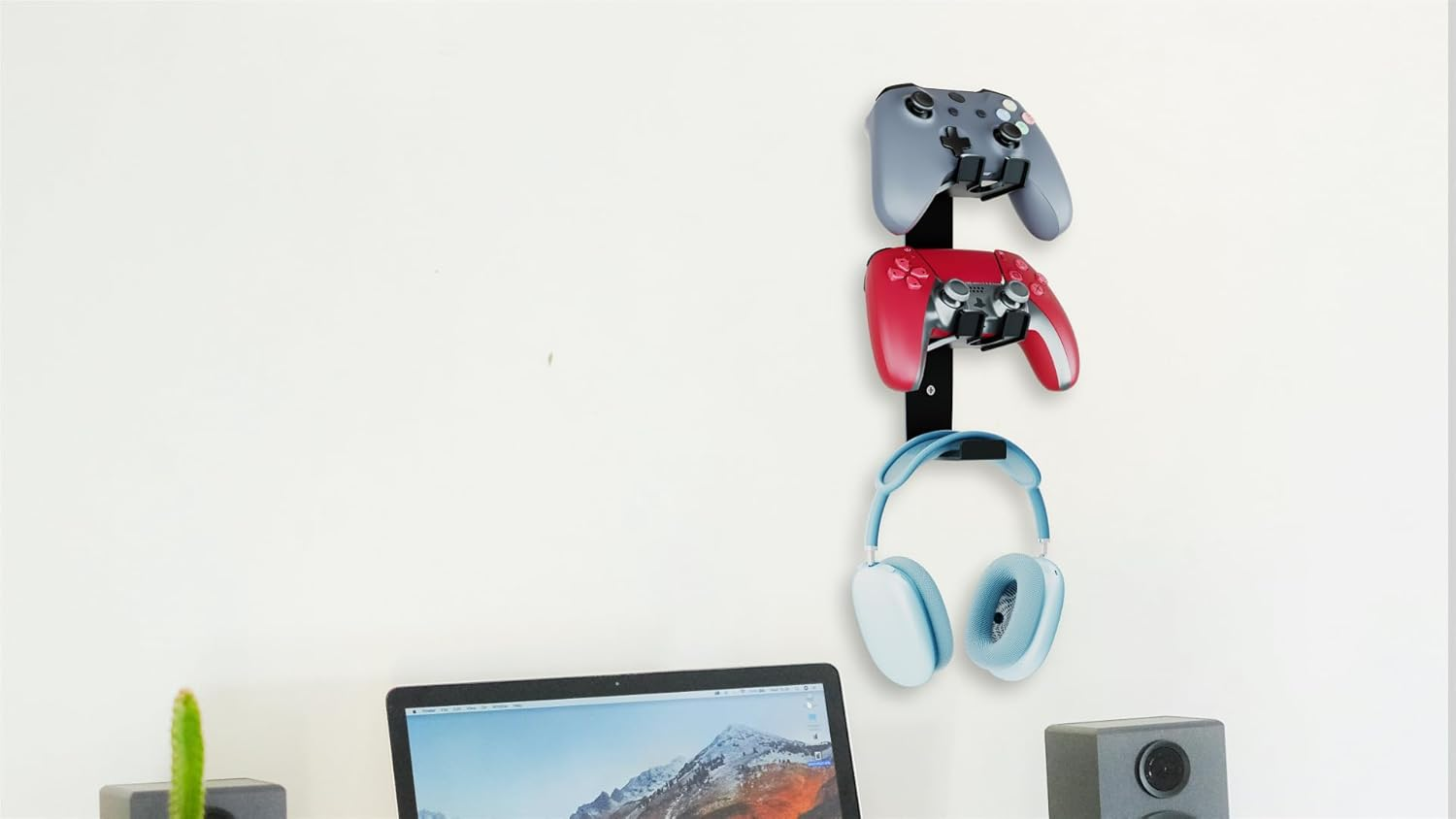 GM-G 3-In-1 Wall Mount Gaming Stand, Dual Controller Holder & Headphone Hanger, Gamepad Storage Rack Compatible with PS5, Switch, Wall Organizer for Gaming Accessories. (White) image number 2