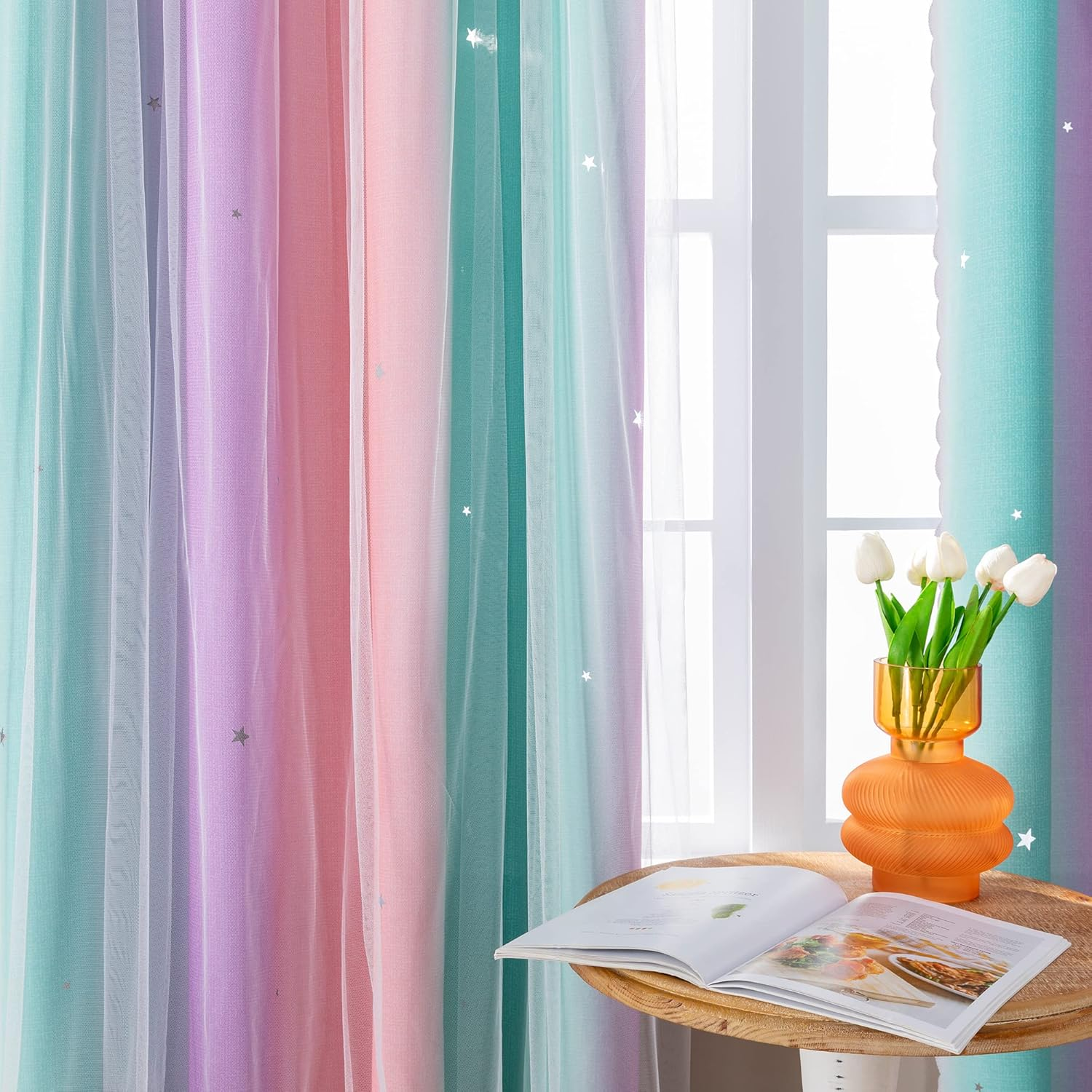Xidi Curtains for Girls Bedroom 2 Panel Set, Thermal Insulated Window Ombre Panels, Rainbow Pink Drapes for Kids Room Unicorn Wall Decals, Black Out Curtains 160Cm Long Pink/Purple/Green W132 X L160 image number 5