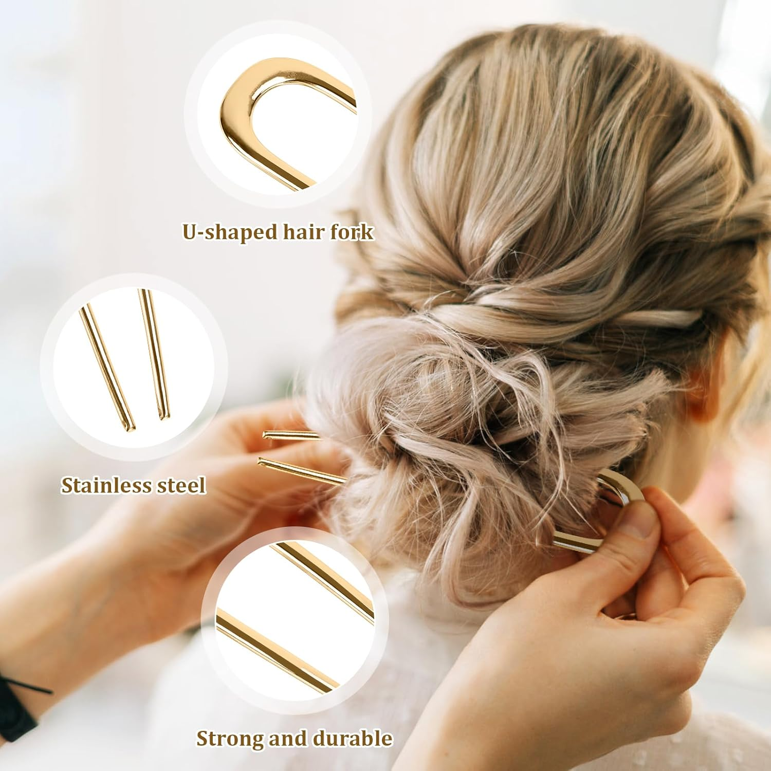 Pack of 2 U-Shaped Hair Pins, French Hair Pins, Large, U-Shaped French Hair Pin Made of Metal, Hair Bow, Hair Fork, Hair Sticks, Hair Accessories for All Hair Types of Women and Girls (Gold, Silver)