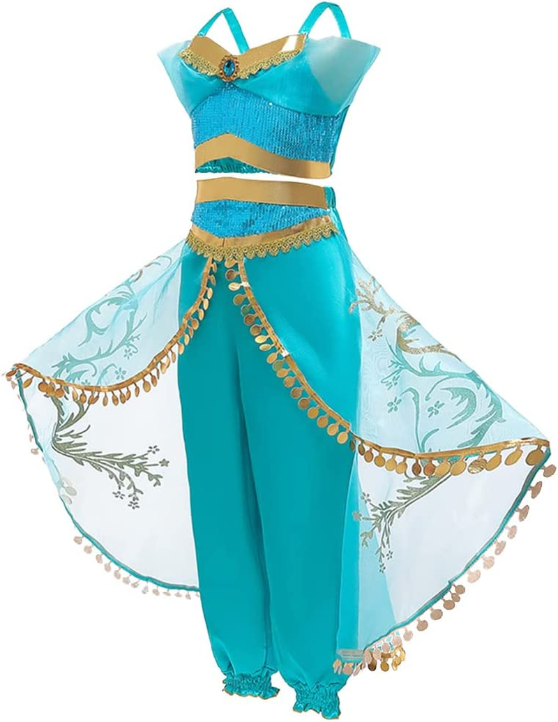 AUTOWT Belly Dance Jasmine Costume, Sequined Princess Dress up Cosplay Aladdin Halloween Party Sleeveless Arabian Outfit Dress Cyan Skirt for Girls image number 1