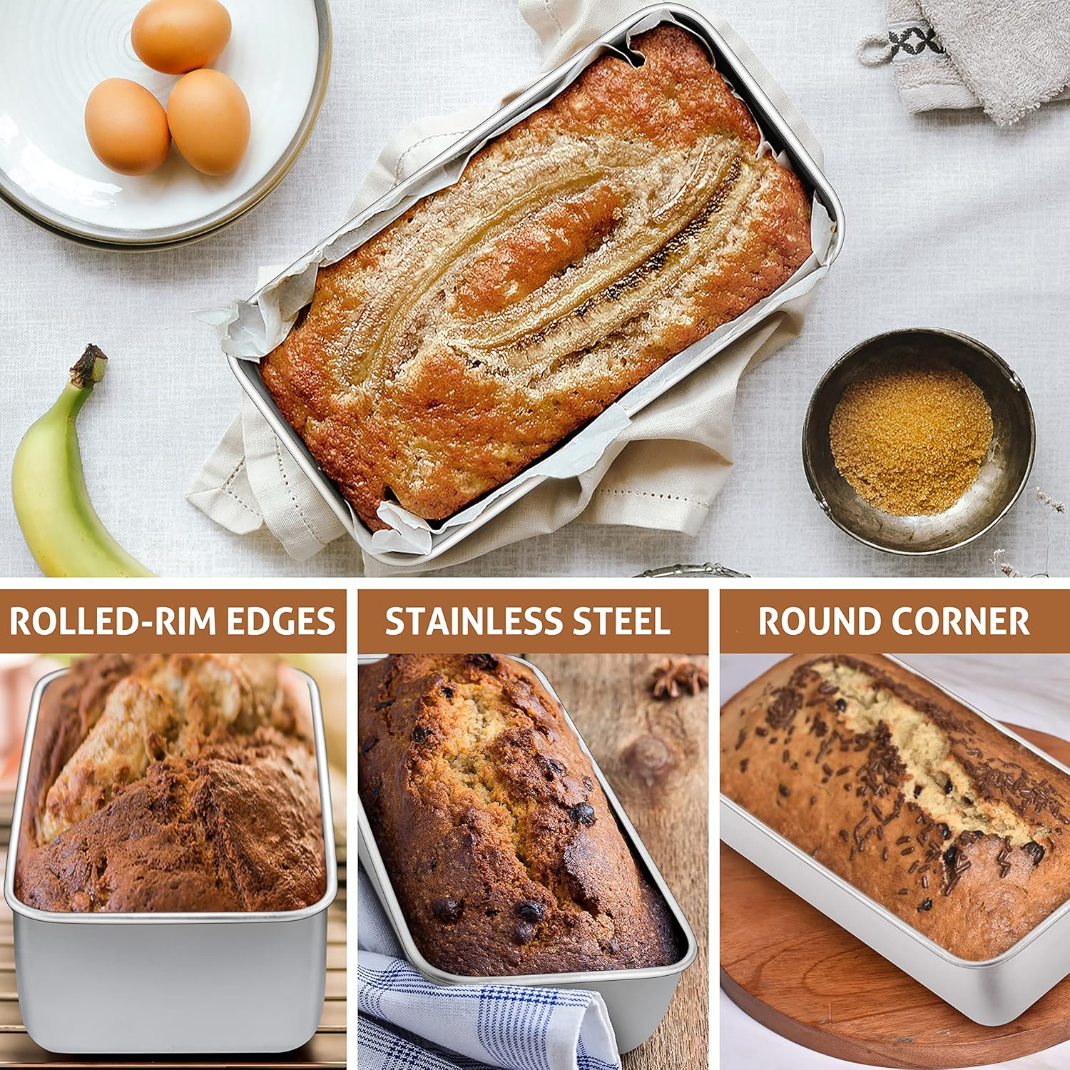 Herogo Loaf Tin, 2Lb Stainless Steel Bread Tin for Baking Set of 2, Rectangular Metal Banana Bread Tin for Toast, Bread, Cake, Lasagna, Healthy & Non-Toxic, Oven & Dishwasher Safe, 23.5X12.5 Cm image number 5