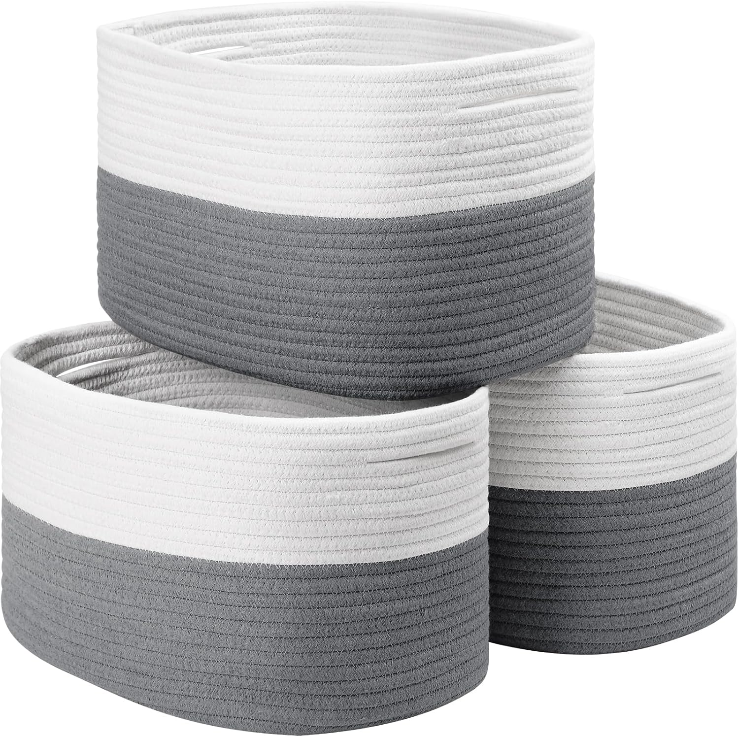 Woven Cotton Rope Storage Boxs with Hollow Handle (White, 3 Pack)