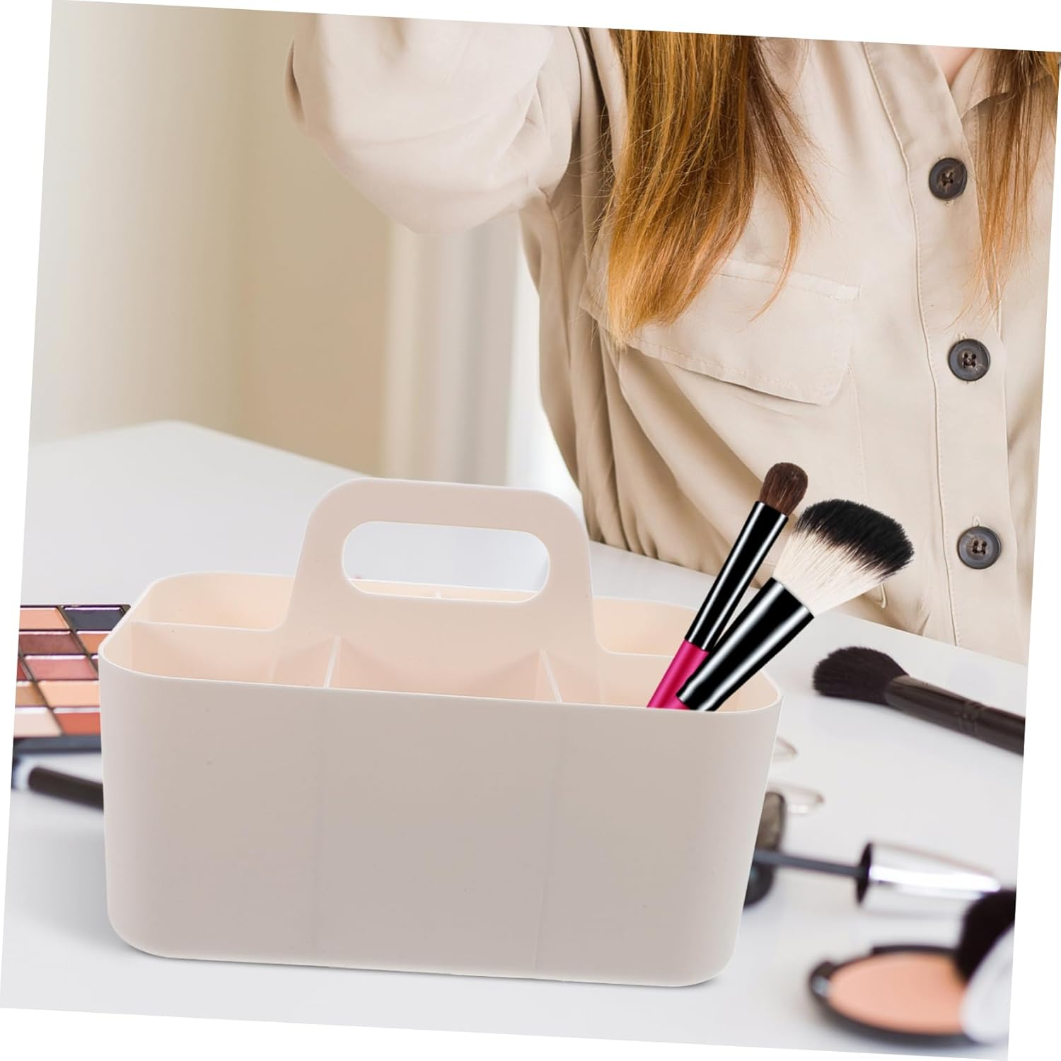 KALLORY Stationery Storage Box Divided Desk Organizer Caddy Handle Aesthetic Makeup Organiser for Office Supplies Student Bathroom - White image number 6