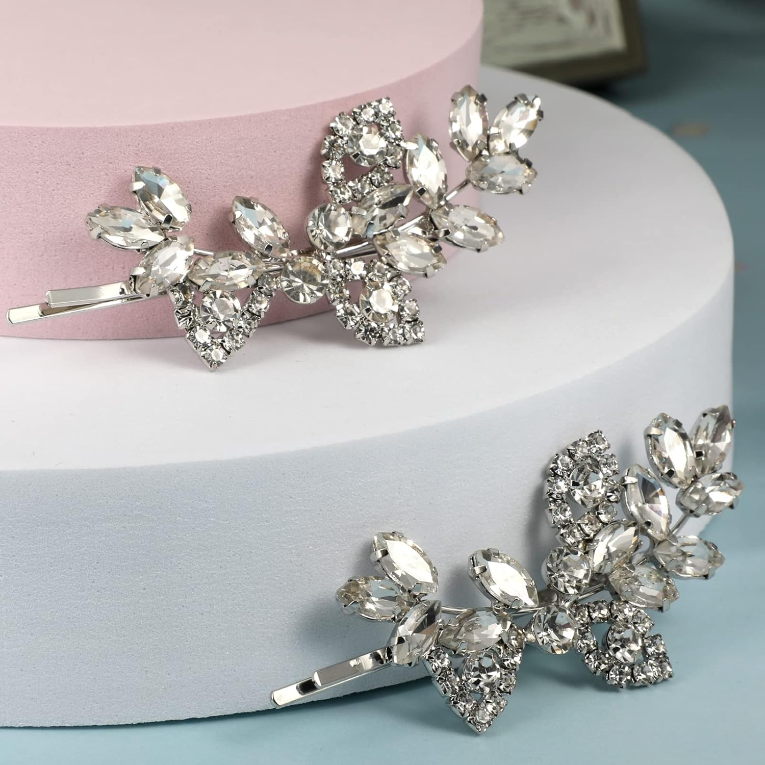 JSRQT Silver Crystal Rhinestone Hair Clips, Wedding Leaf Crystal Hair Pins, Bridal Headpiece Hair Accessories for Women and Girls Pack of 2