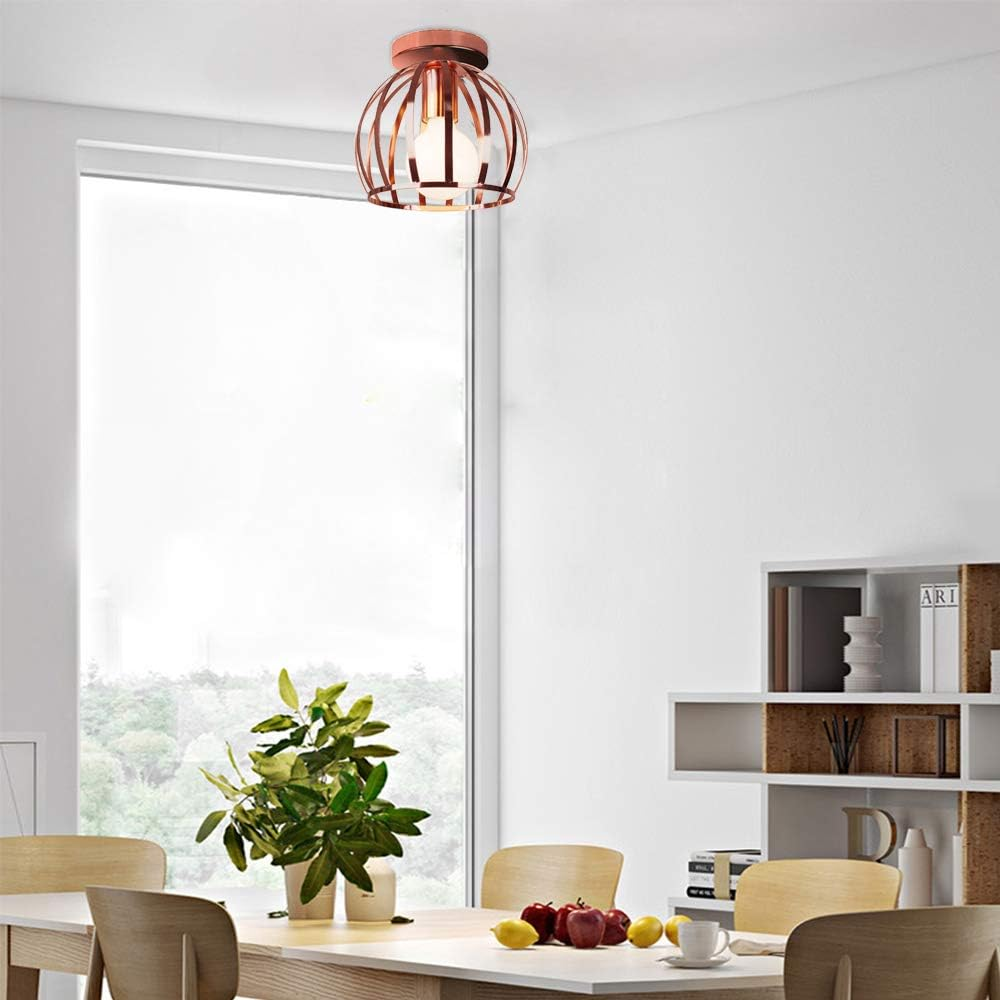 Idegu Vintage Ceiling Light, Industrial Ceiling Lamp, Diameter 20 Cm, Geometric Cage Design Lampshade, Retro Ceiling Light, E27 Lighting for Bedroom, Kitchen, Living Room, Rose Gold -  Rose Gold Cage image number 4