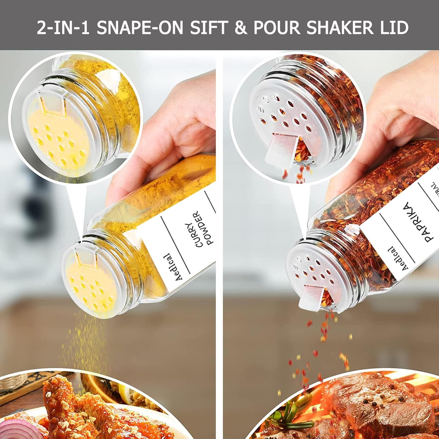 Aedlcal Glass Spice Jars, 6 Pack 4Oz Spice Containers with Bamboo Lids, Seasoning Containers for Kitchen Cabinet, Airtight Sealed Seasoning Storage Bottles with Labels, Shaker Lids, Brush, Funnel (12 Pack)