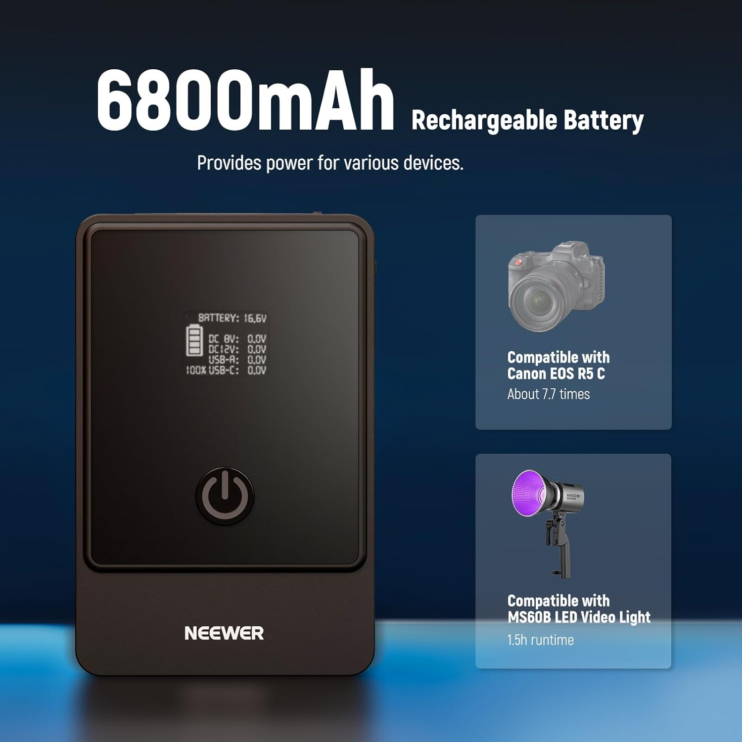 NEEWER PS099E Mini V Mount Battery, 6800Mah 99Wh 14.5V Mini V Lock Battery with D Tap Cable/Bp/65W PD Type C/USB A/Dual DC/OLED Display for Video Camera Camcorder, Compatible with Smallrig BMPCC 4K 6K