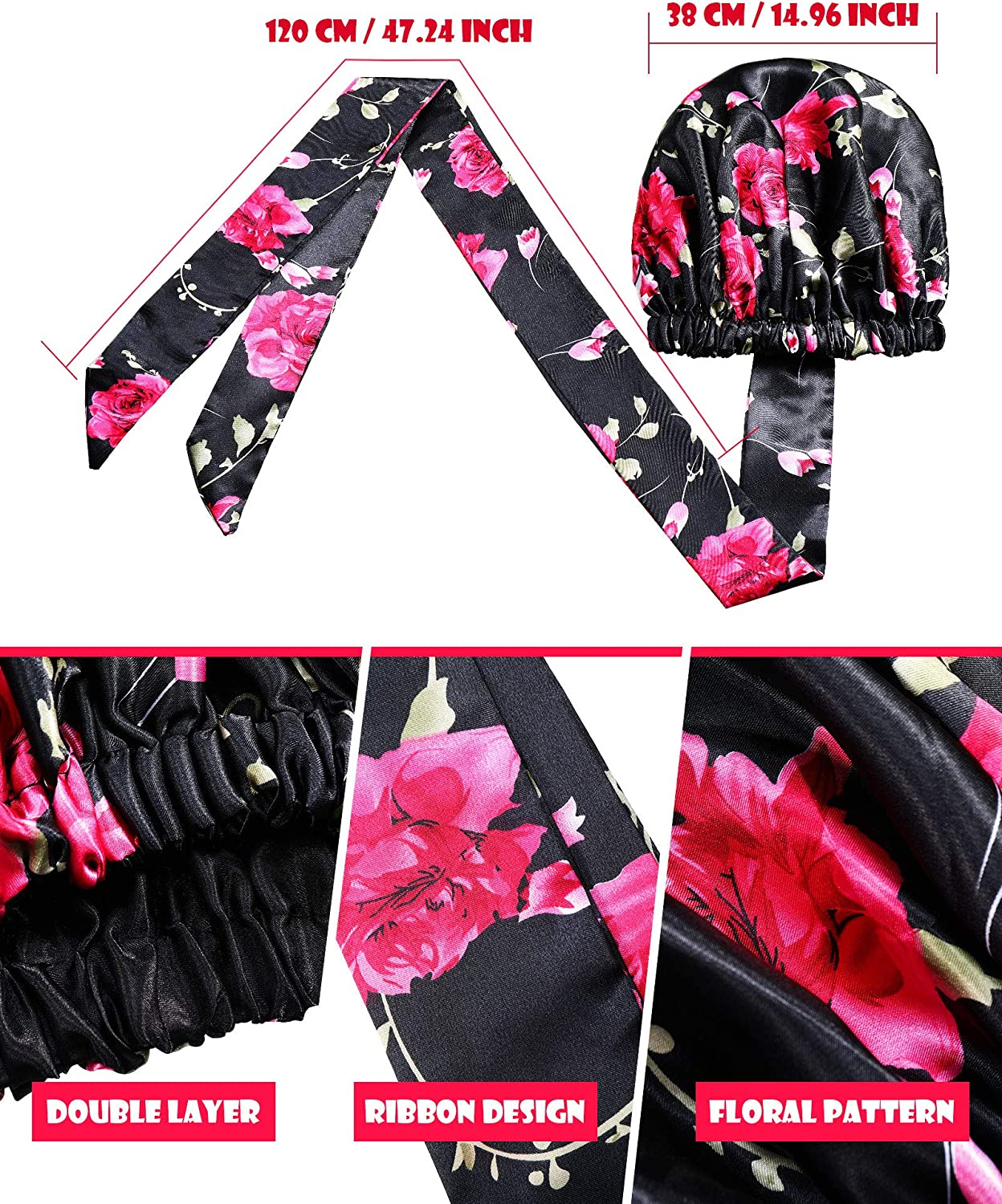 Syhood 2 Pieces Soft Satin Head Scarf Sleeping Cap Bonnet Headwear Head Wrap Turbans for Women Long Curly Hair, Braids image number 5