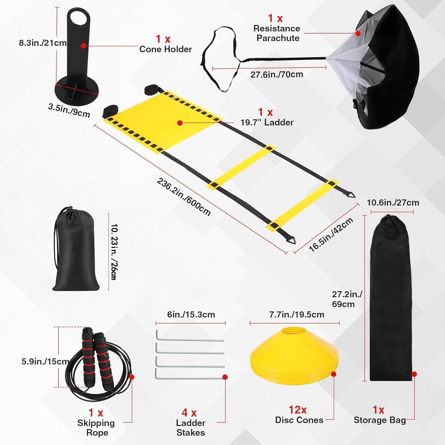 Speed & Agility Training Set&ndash;20Ft Adjustable Agility Ladder, 12 Disc Cones, 1 Jump Rope, 1 Resistance Umbrella&ndash;Ideal for Football, Basketball, Fitness Training for Kids, Youth, Adults image number 2