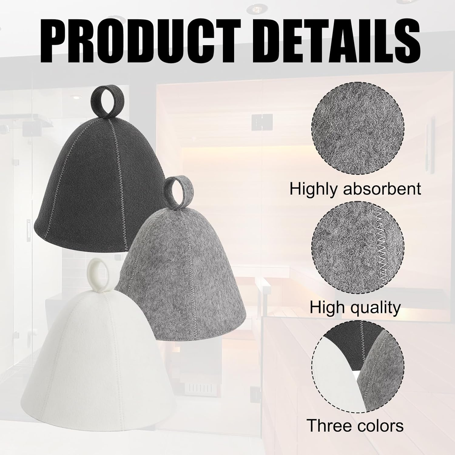 Sauna Hat, 3 Pcs Sauna Caps Set, Black White Grey, Protect Hair and Scalp, Comfortable Sauna Accessories for Men and Women, Ideal for Spa, Bath House, Travel and Gift image number 5