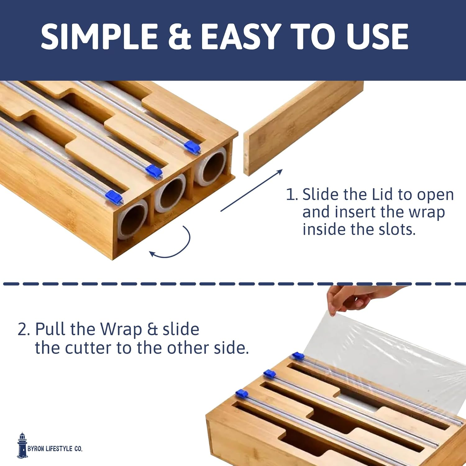 Foil and Cling Wrap Organiser - 3-In-1 Bamboo Wrap Dispenser with Built in Cutter - 33Cm, Fits Australian Cling Wrap, Aluminium Foil, and Baking Paper Rolls, Wall-Mountable or Fits in Draw. image number 1