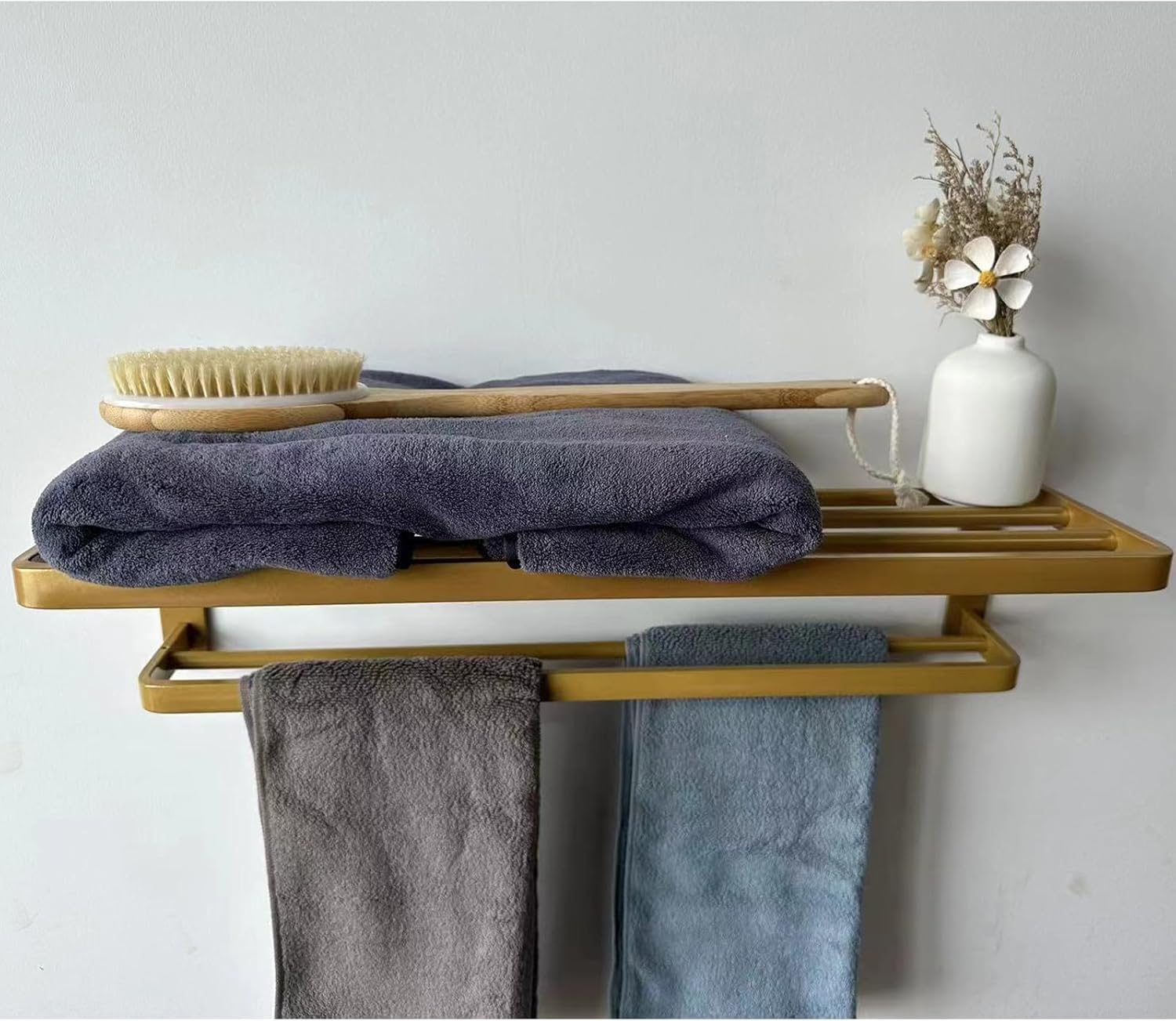 BOZWELL Bathroom Lavatory Towel Rack with Two Towel Bars,24-Inch Towel Holder with Shelf BZ205-A (Matte Black)