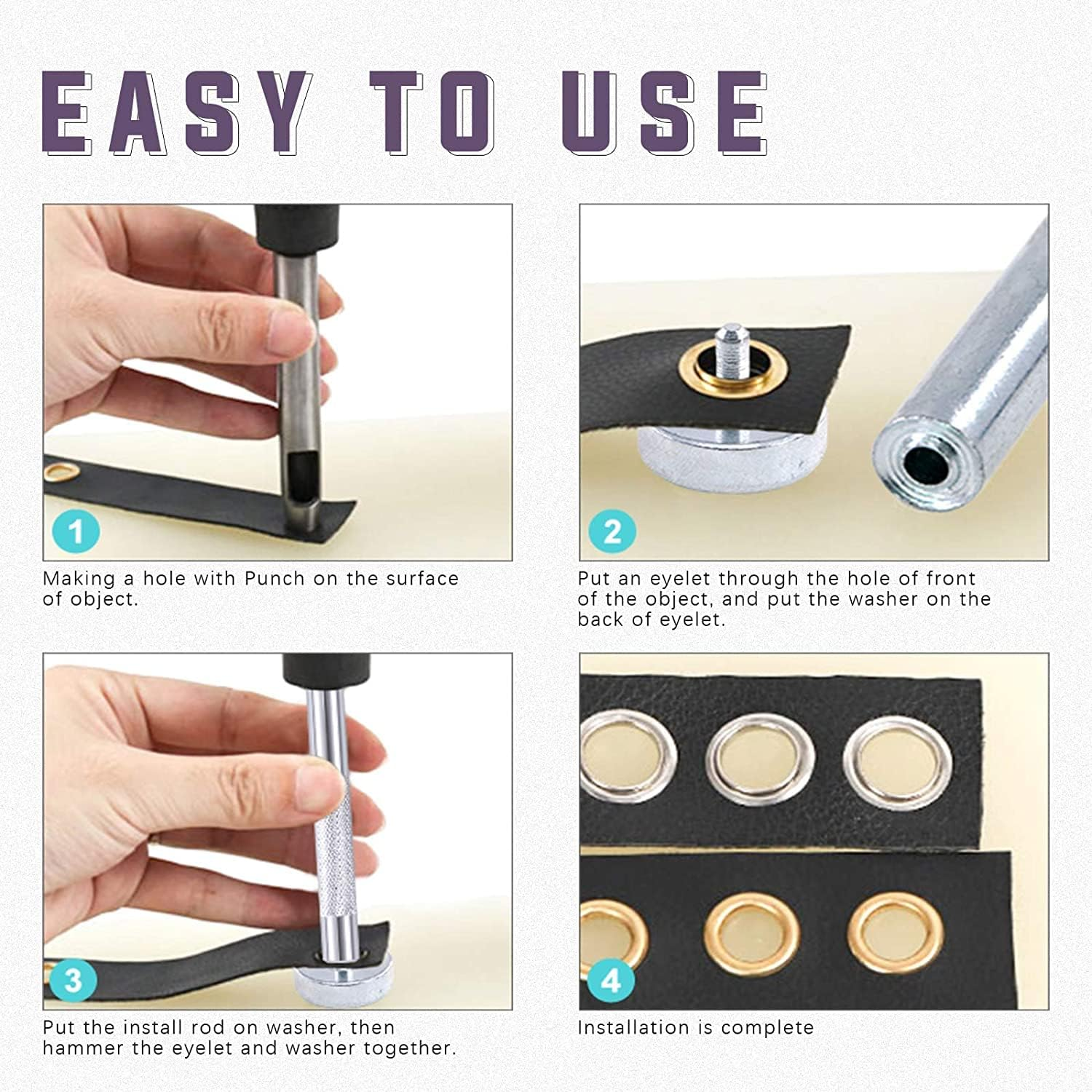 Swpeet 243Pcs - 120Sets 2/5" (10Mm) Hole Thicken Grommets 4 Colors Metal Grommets Eyelets Grommets with Washers and 3Pcs Setting Instal Tool Metal Eyelets Kit for Repairing Canvas, Leather image number 4