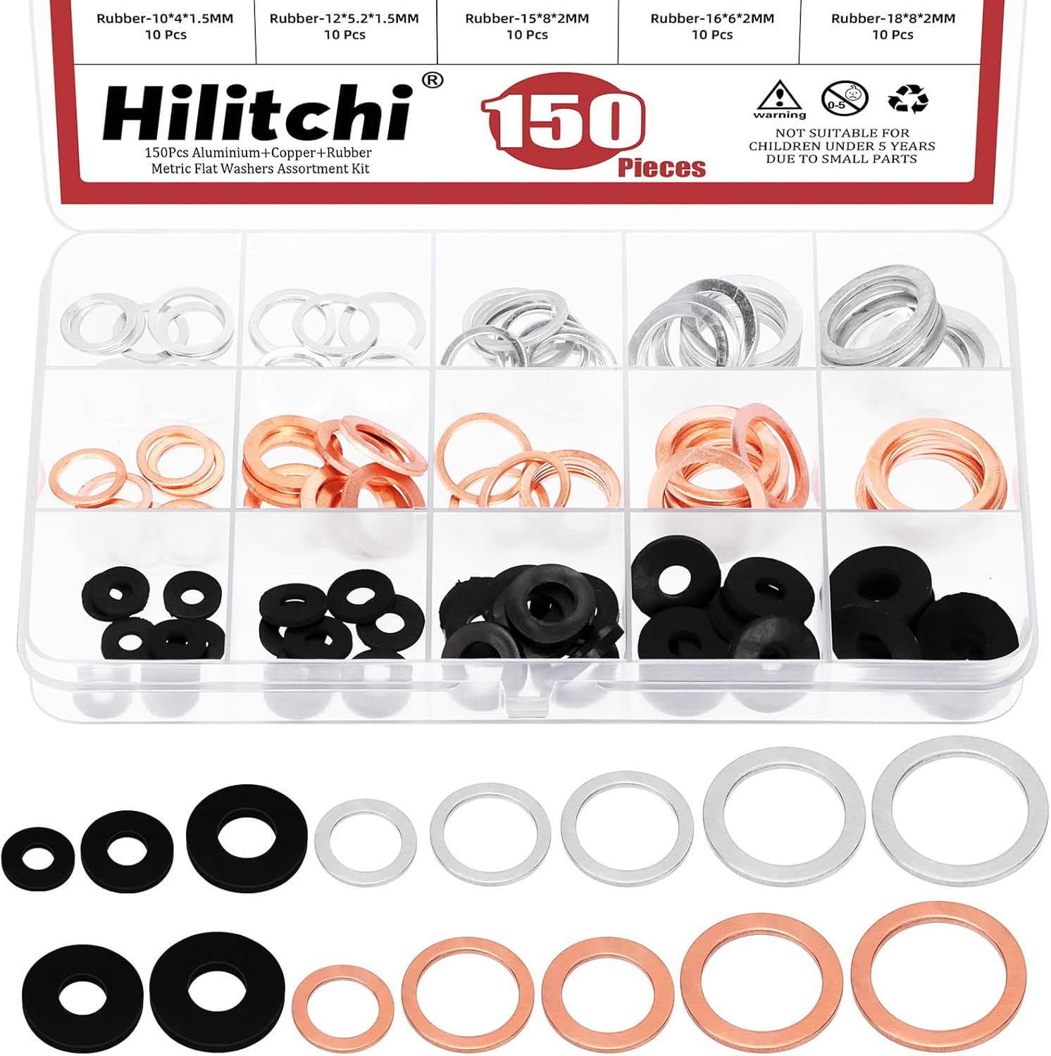 Hilitchi 150Pcs Aluminum Copper Oil Drain Plug Gasket and Black Nylon Flat Washer Assortment Kit, M10 M12 M14 M16 M18 Oil Crush Washers Sealing Washers Rubber Grommet for Car Household Appliances image number 1