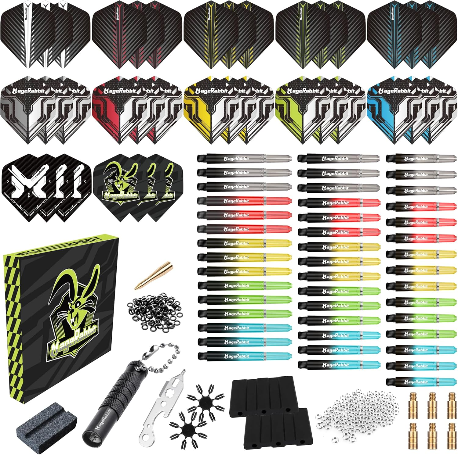 Magerabbit Dart Flights and Shafts Accessories Kit, Including 36 Flights +45 Dart Shafts+Sharpener+Remover Tool +50Metal Rings+Flights Protectors, for Soft and Steel Darts