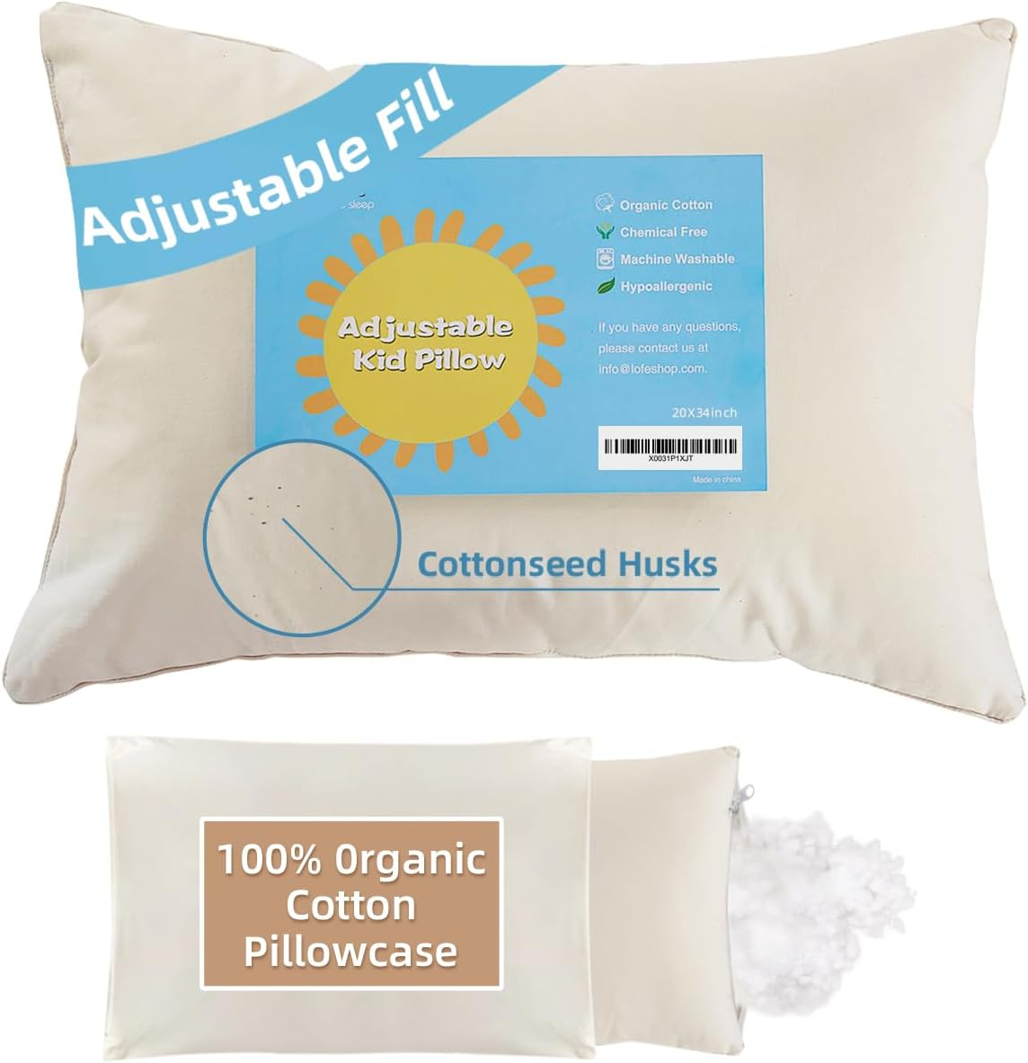 Lofe Organic King-Size Pillow with Pillowcase - 20X36, Natural Organic Cotton Zippered Shell, Adjustable Loft, Machine Washable and Hypoallergenic, for Side and Back Sleepers, Youth, Adults image number 5