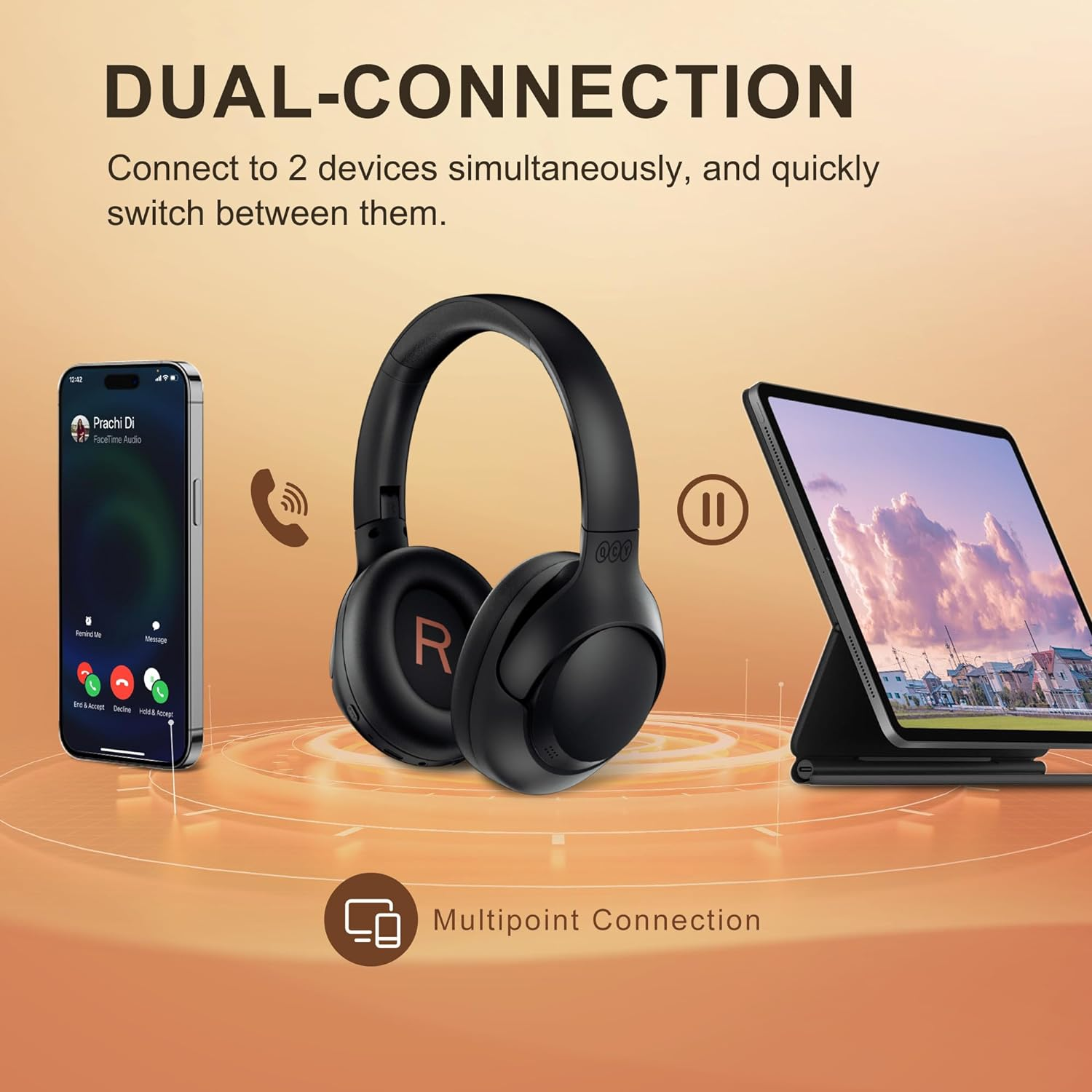 QCY H3 ANC Bluetooth Headphones, Active Noise Cancelling Bluetooth 5.3 Over-Ear Headphone with Microphones, Hi-Res Audio Sound, Multipoint Connection, 60H Playback, Black - Blue image number 5