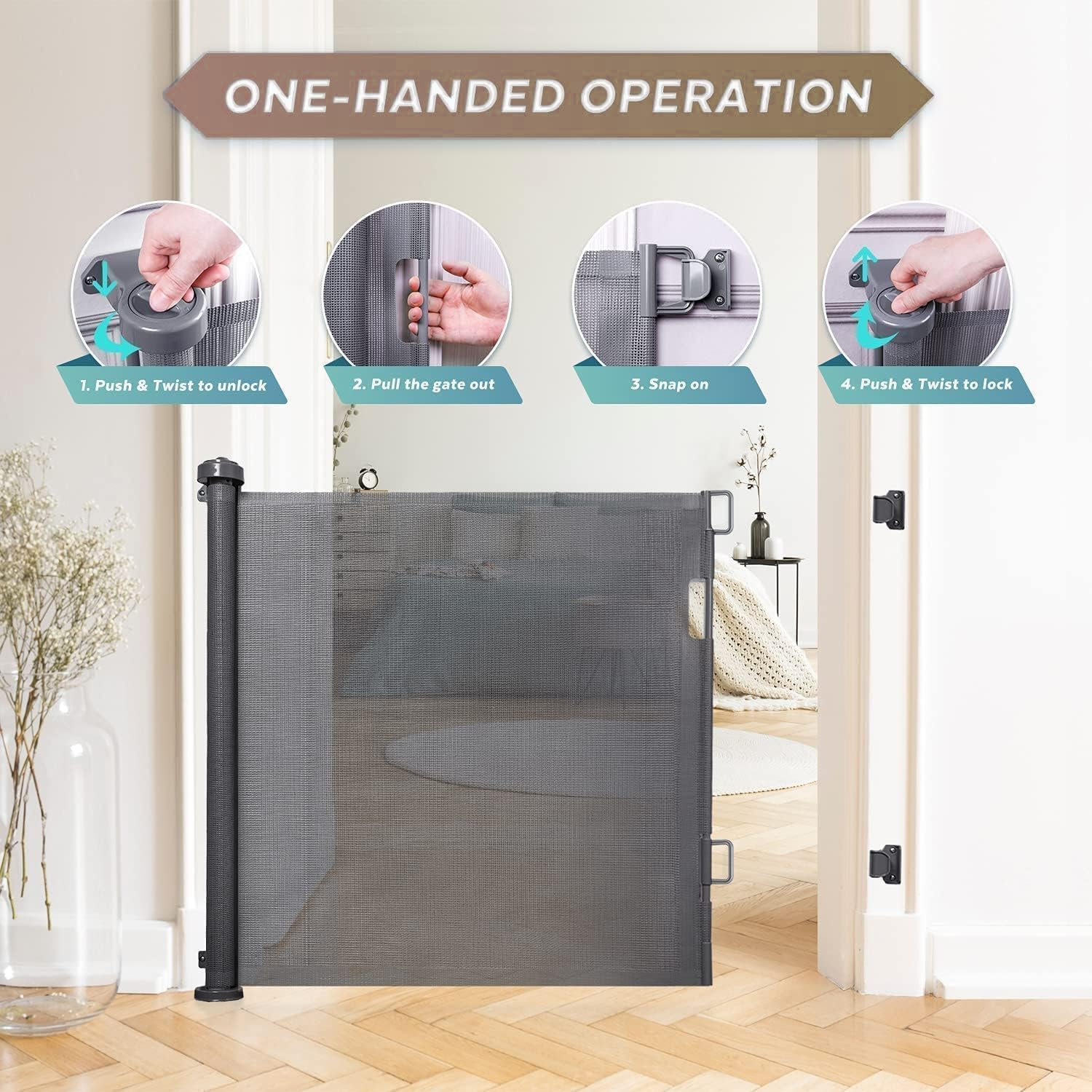 Baby Gate, Auto Close Safety Baby Gate, 59"*33.8" Baby Gate Stairs, Retractable Baby Gate for Doorway for Kids or Pets, Indoor and Outdoor Dog Gates (Grey, 59"*33.8") image number 4