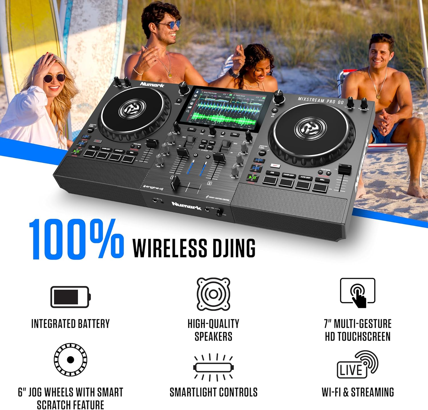 Numark Mixstream Pro Go Portable DJ Controller with Battery, Mixer with Stem Separation, Speakers, Wifi Streaming, Touchscreen, Works with Serato DJ