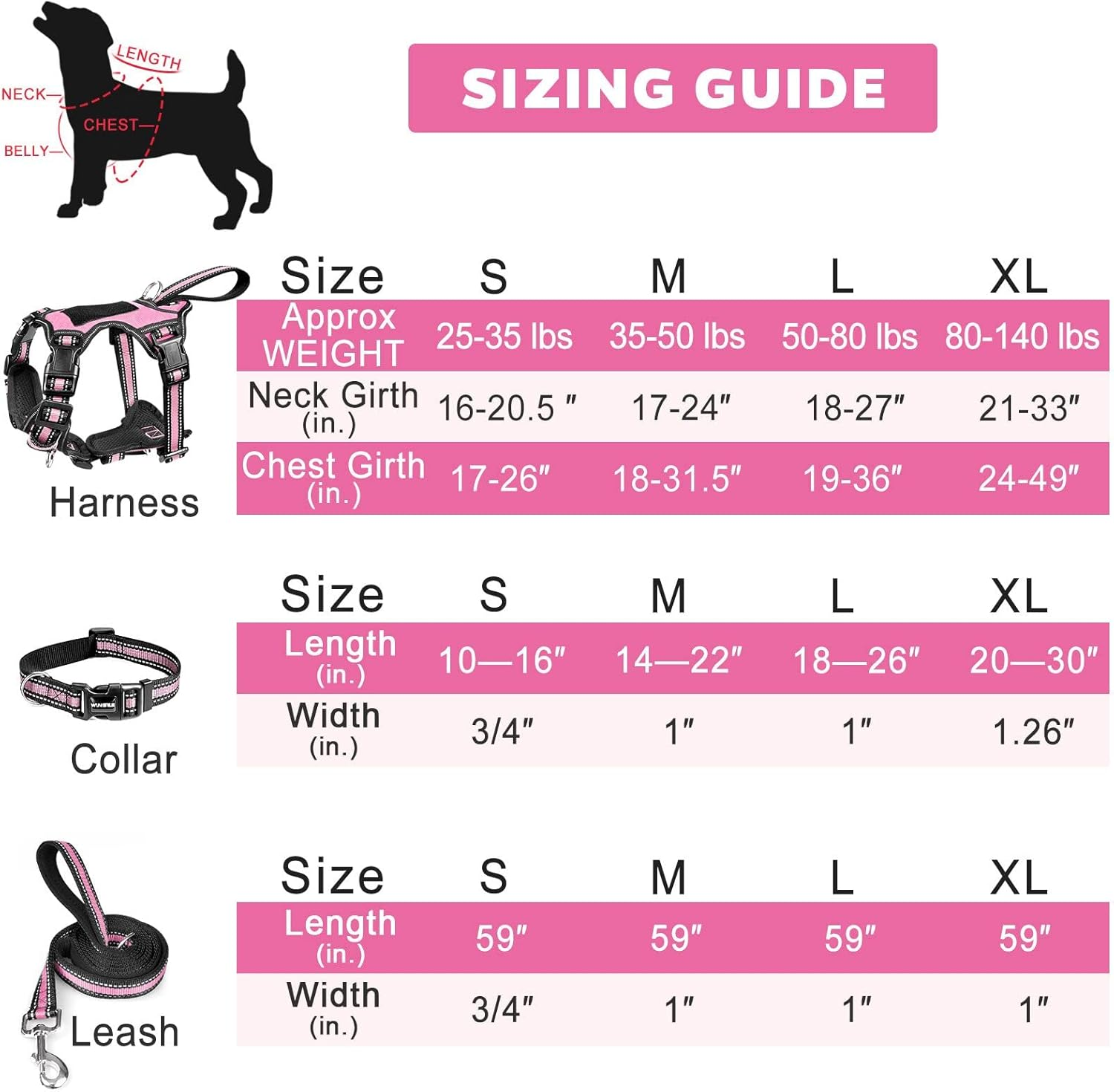 WINSEE Pet Harness Collar and Leash Set, All-In-One Reflective Dog Harness No Pull with Adjustable Buckles for Puppies, Small, Medium, Large, and Extra-Large Dogs (Large, Pink) image number 4