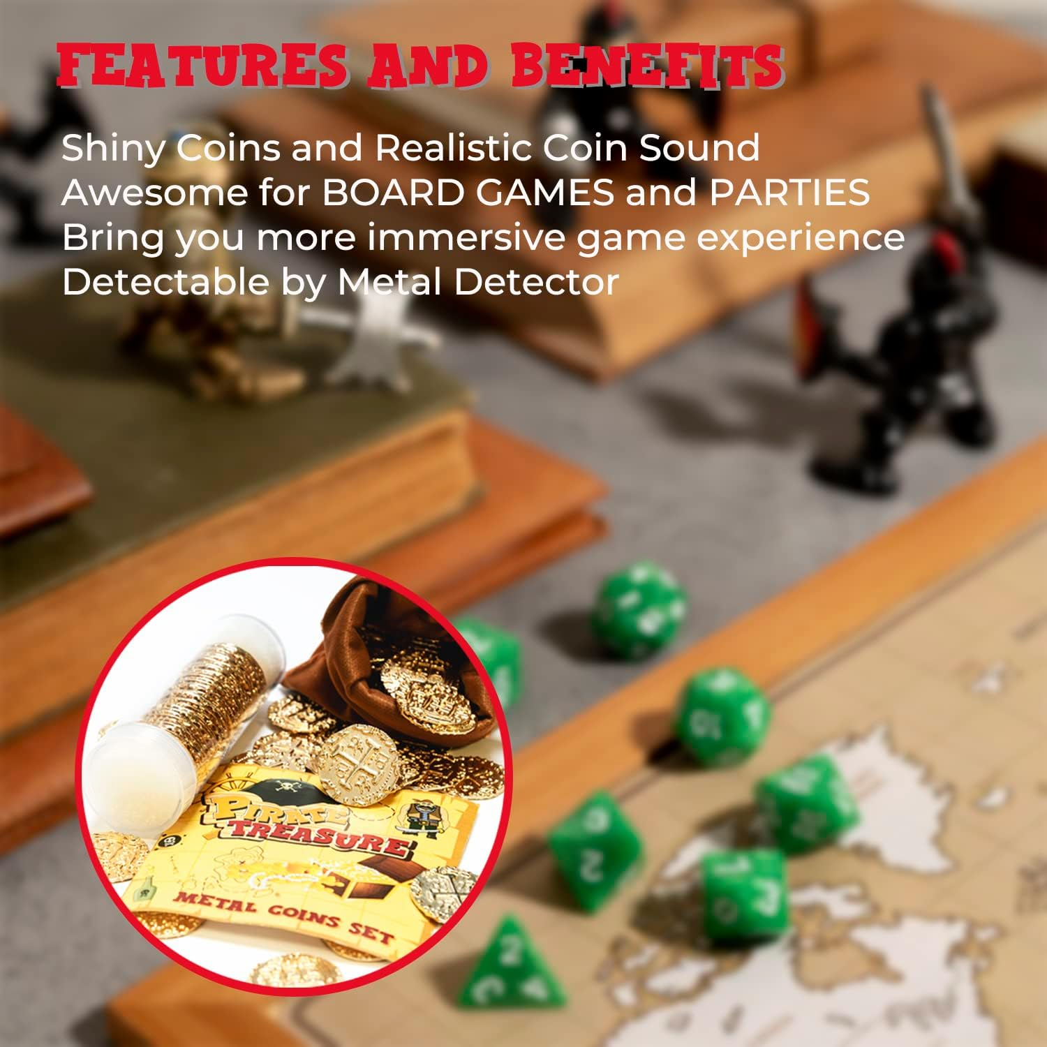 Metal Pirate Coins, Prefdo 100PCS X Large Gold Treasure Coin Set Spanish Doubloon Replicas Fantasy Metal Coins Pirate Gold Coins Tokens for Board Games Pirate Party Cosplay image number 5