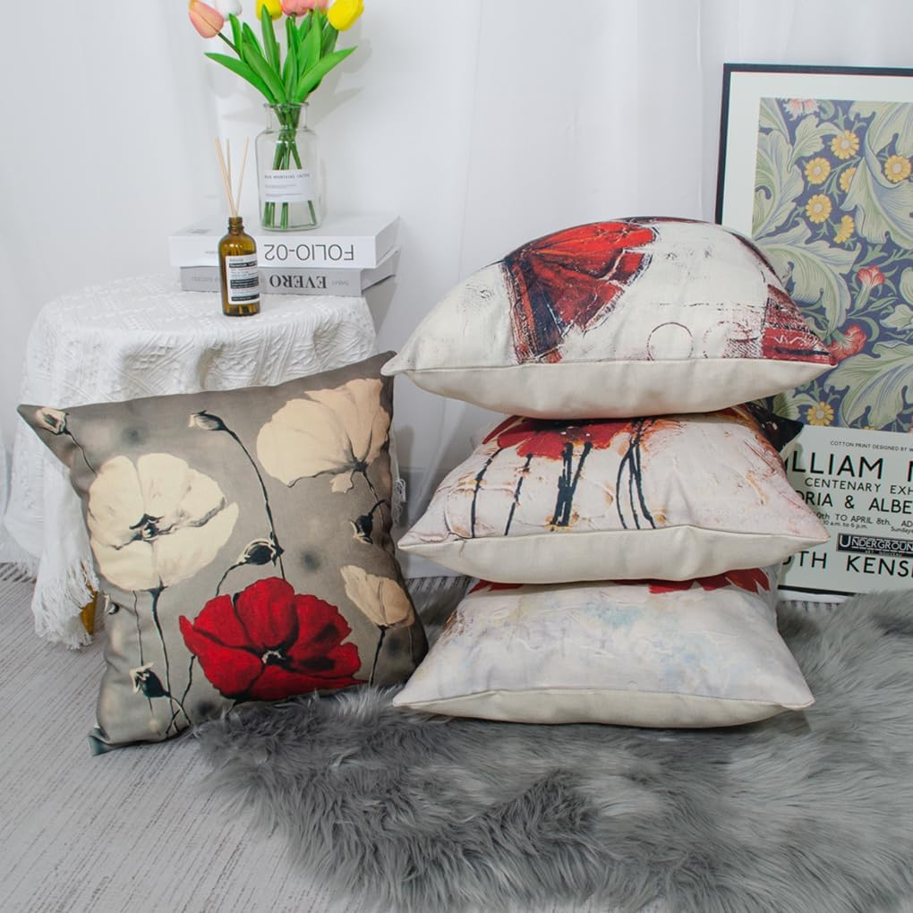 DILOXNSU Cushion Cover 50 X 50 Cm, Set of 4 Cushion Covers, Red Art Flower, Decorative Cushion, Modern Sofa Cushion, Linen Cushion Cover, Decorative Cushion, Aesthetic Couch Cushion, Cuddly Cushion image number 1