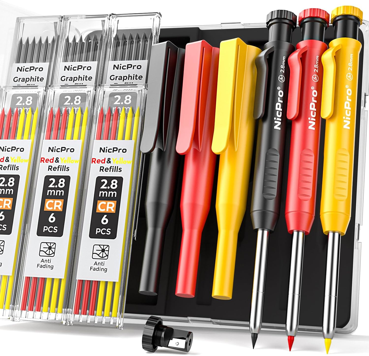 Nicpro 3 Pack Carpenter Pencil with Sharpener & Holder, Mechanical Carpenter Pencils with 39 Refills (Red, Black, Yellow), Heavy Duty Construction Pencils Woodworking Pencils for Contractor, Architect image number 1